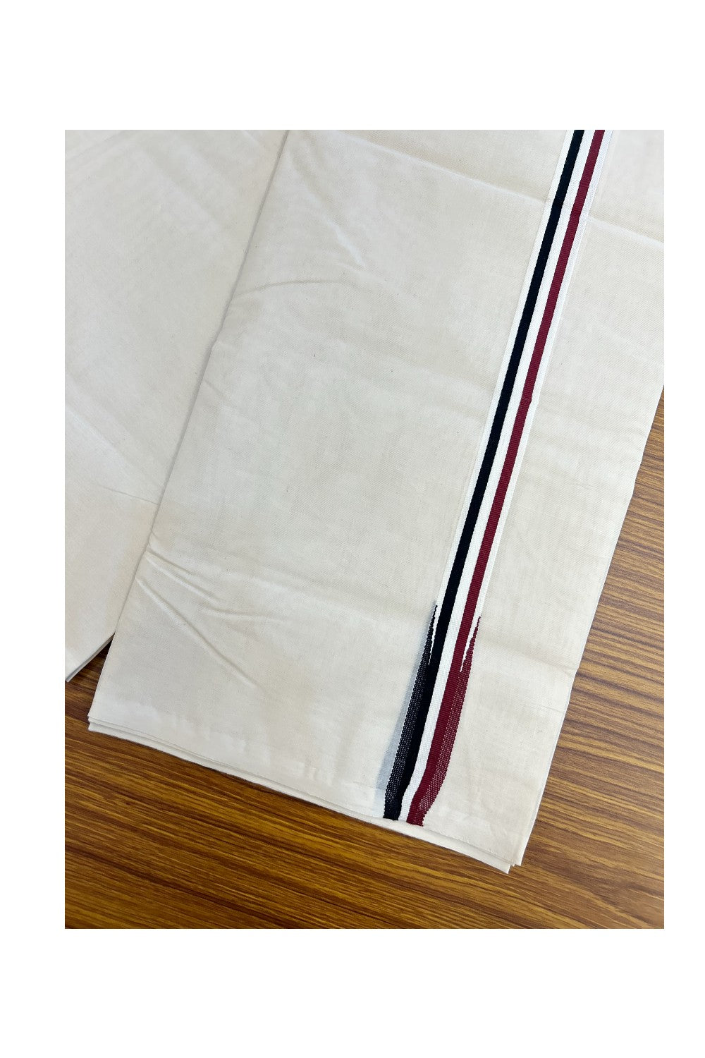 ADMK VESHTI - 20% DISCOUNT! KaithariKada 100% Cotton off white Double - (Unbleached) Mundu/Dhoti - 100X100 - 1 inch Black White & Maroon Wings Chutty kara - 34KK5218ASH