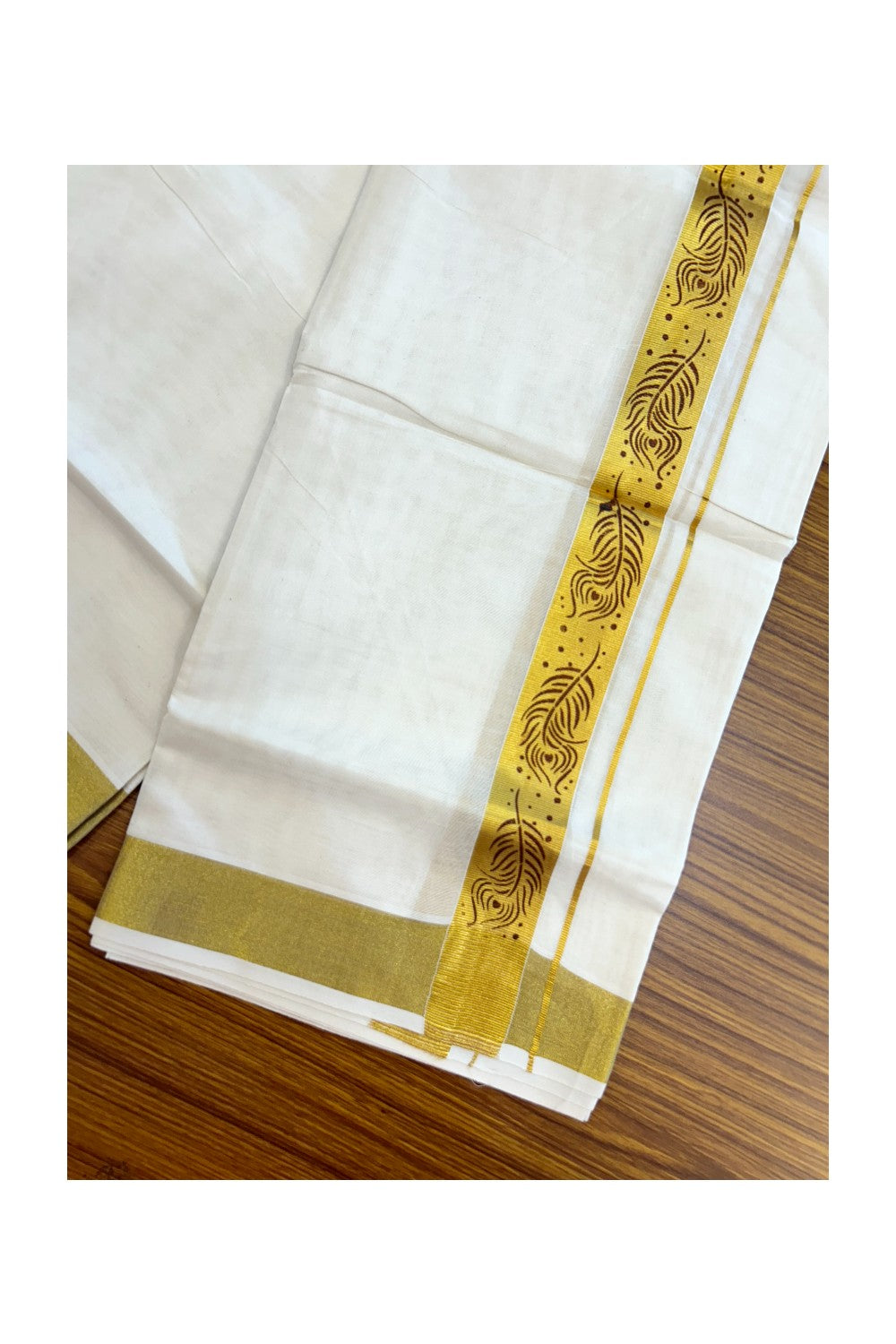 22% Discount!! KaithariKada Balaramapuram 100% Cotton DOUBLE OFF WHITE - (Ubleached) Mundu/Dhoti - 80x90 - 1.5 inch Gold Kasavu with Maroon Peacock Feather Printed Design Kara - 34KK5219 GAN