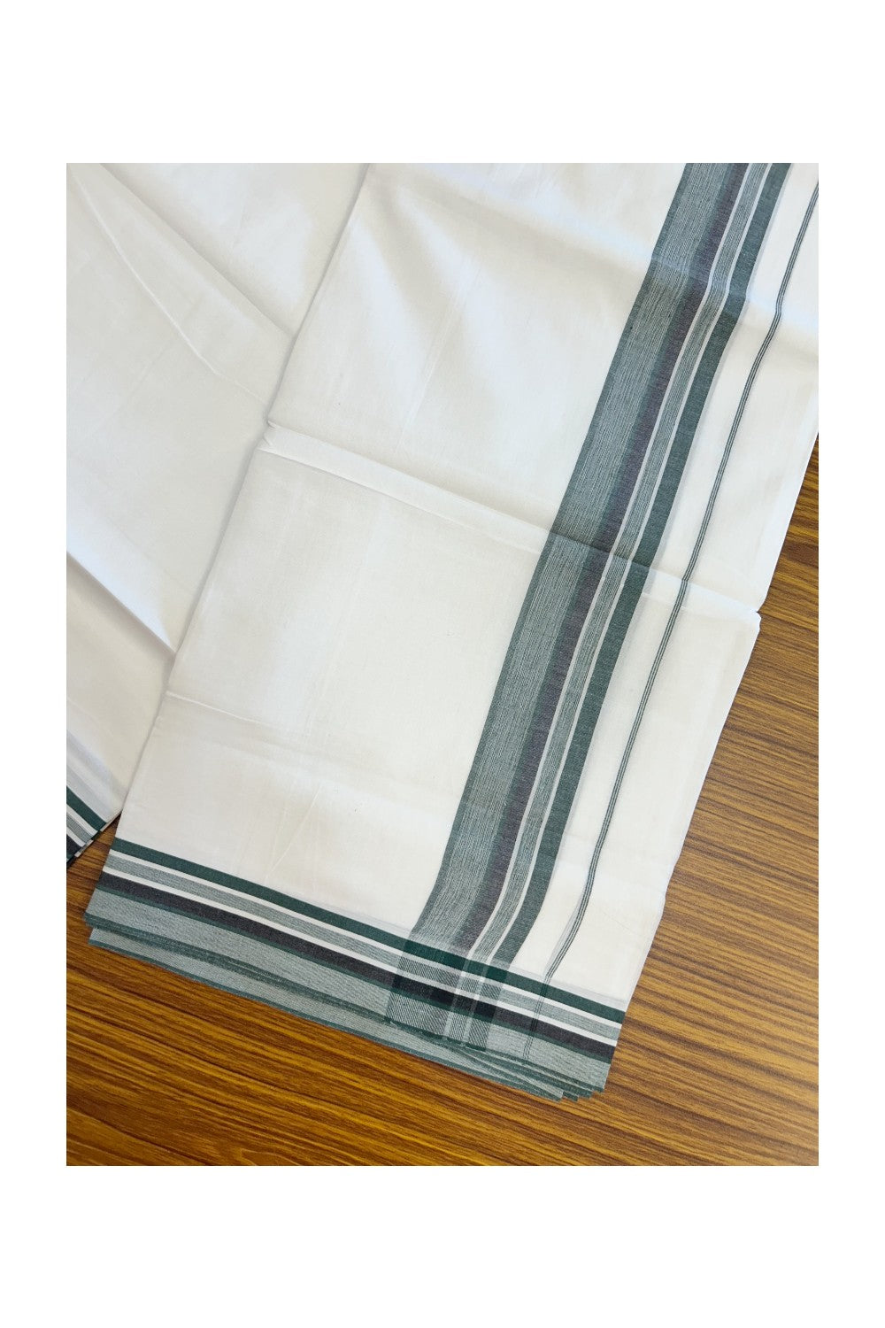20% Discount ! Kaitharikada Balaramapuram 100% Cotton PURE WHITE Double Mundu/Dothi - 100x80 - 1.75 inch Dark Green & Black Shaded Striped Kara 3.75 mtr (8 muzham) - 34KK5220 THI