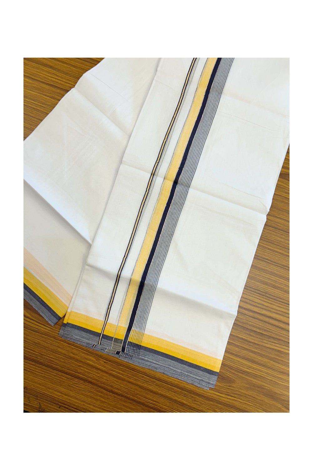 20% DISCOUNT! KaithariKada Balaramapuram 100% Cotton Double Pure white Mundu/Dhoti- 100x80 - 1.5 inch Silver Kasavu Black & Orange Yellow Shaded Striped Kara - 3.86mtr ( 8 muzham) - 34KK5227 PMC