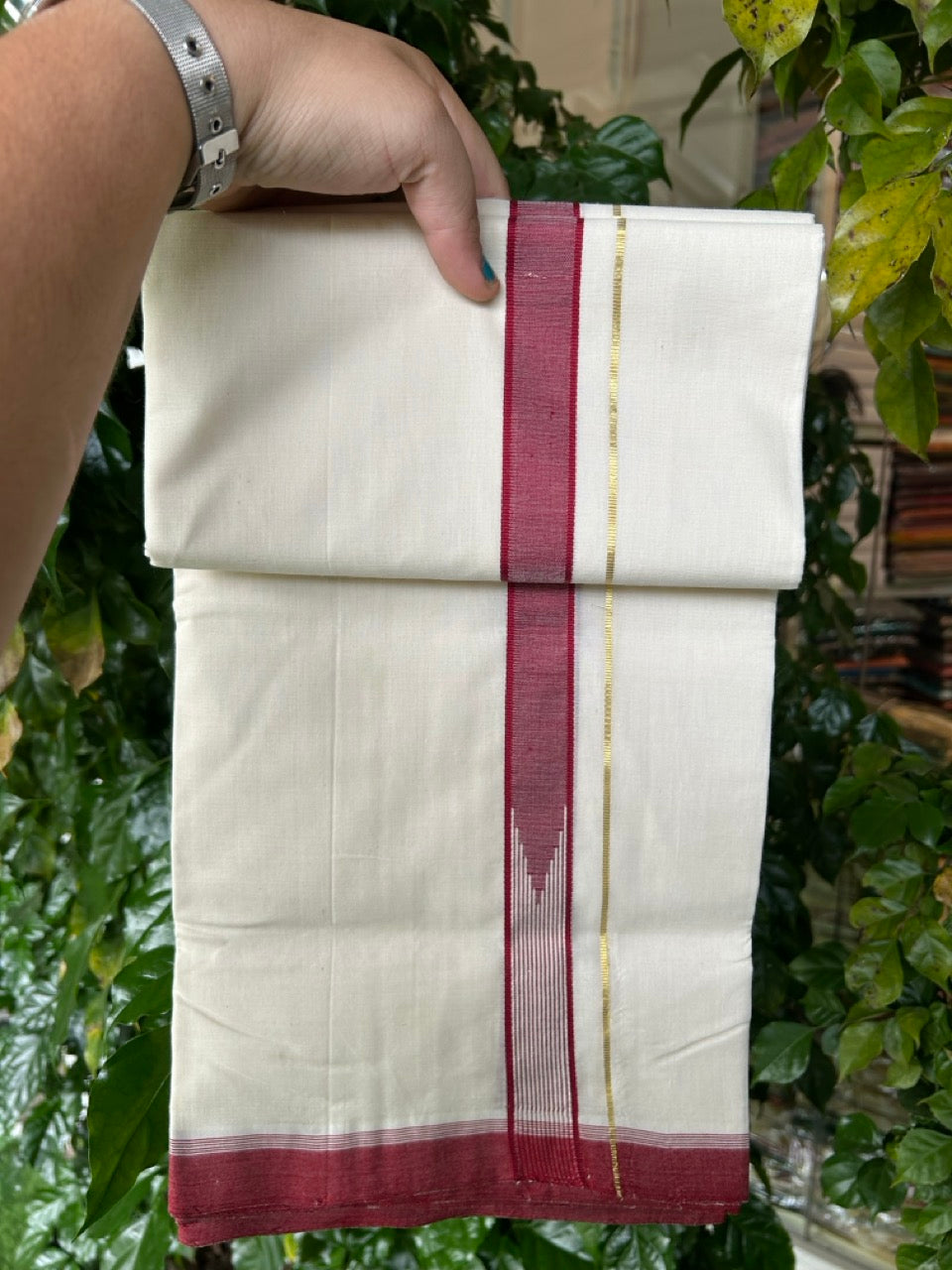 25% DISCOUNT!! KaithariKada HANDLOOM UNAKKUPAAV Balaramapuram - 100% PURE Cotton OFF White - (Unbleached) Double Mundu/Dothi - 100 x 80 - Maroon White Chutty Kara Gold Kasav PURE JERRY - 3.80 meter (8.5 Mulam) - 35 KK5249 REA