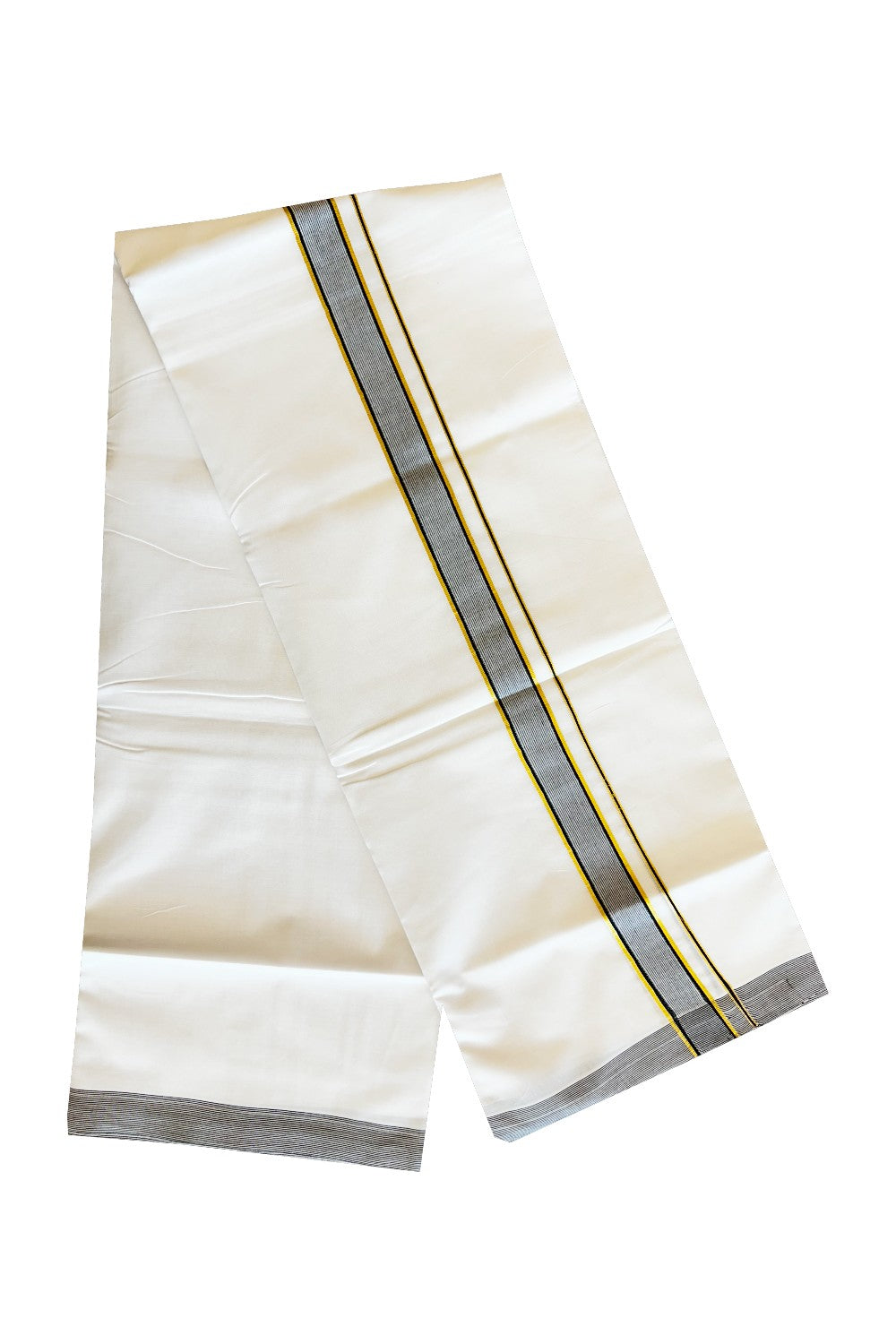 17% DISCOUNT!! KaithariKada Balaramapuram 100% Cotton PURE WHITE Double Mundu/Dhoti - 100x100 - 1.75inch BLACK & GOLD STRIPED KARA.- 35KK31KAI