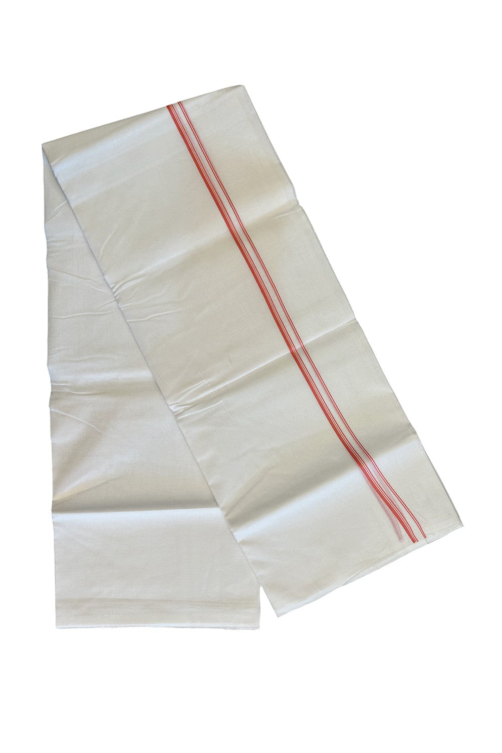 26% DISCOUNT ! KaithariKada Balaramapuram 100% Cotton Double Pure white Mundu/Dhoti-100X100 - Dark Peach & Stripes 0.75 inch Kara.- 39KK487KK