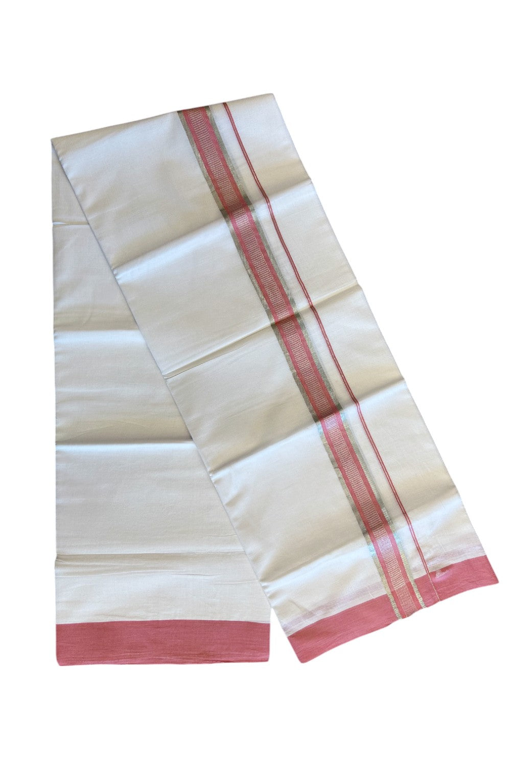 24% DISCOUNT!! Kaitharikada Balaramapuram 100% Cotton PURE WHITE Double Mundu/Dothi-100x80 - 2 Inch Pink & Silver Striped Cotton Kara - 35KK5067KK