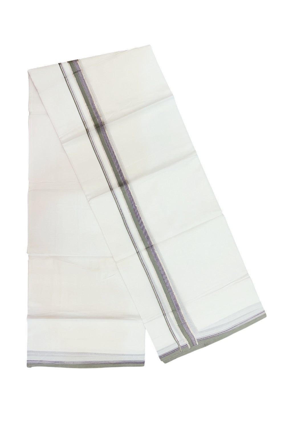 20% Discount ! Kaitharikada Balaramapuram 100% Cotton PURE WHITE Double Mundu/Dothi - 100x80 - 1 inch Silver Kasavu Sage Green Grey & Purple Striped Design Kara - 35KK5182VAS