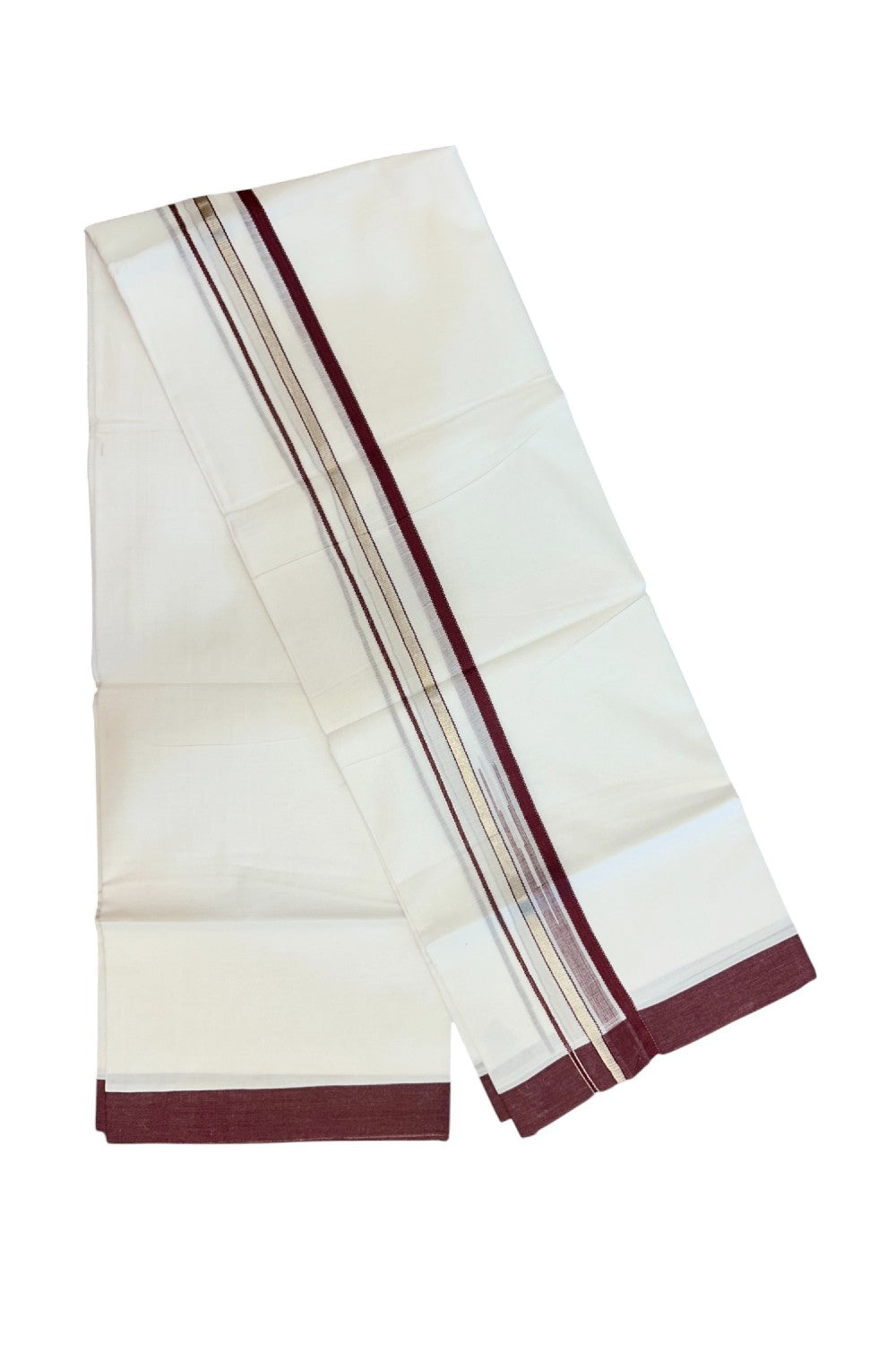 20% Discount ! Kaitharikada Balaramapuram 100% Cotton PURE WHITE Double Mundu/Dothi - 100x80 - 1.5 inch Silver Kasavu & Light Maroon Striped chutty kara - 35KK5183VIN