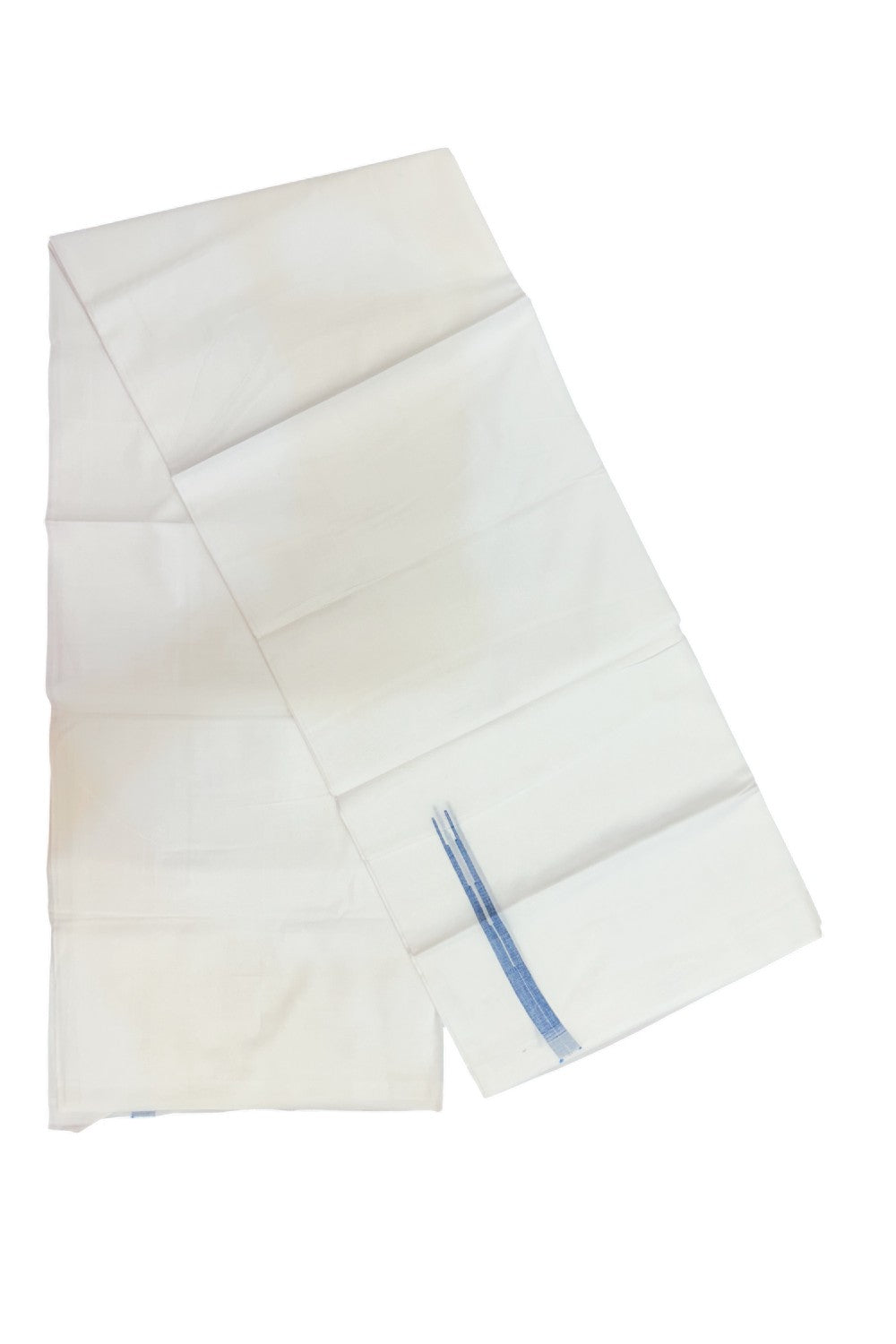20% DISCOUNT!! KaithariKada Balaramapuram 100% Cotton PURE WHITE Double Mundu/Dhoti-100x80 - 0.5 inch Blue Puliyilakkara Chutty - 35KK5191CKS