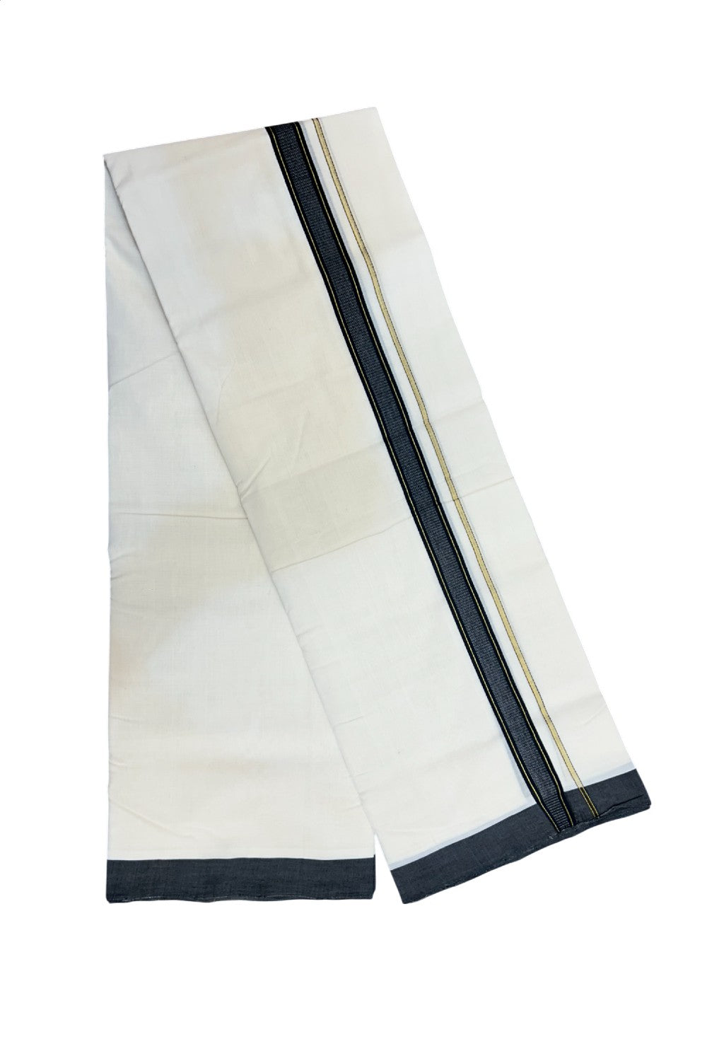 25% DISCOUNT!! KaithariKada HANDLOOM UNAKKUPAAV Balaramapuram - 100% PURE Cotton OFF White - (Unbleached) Double Mundu/Dothi - 80X100 - 1 inch PURE JERRY & Black Striped Kara 3.60 meter (8 Muzham) - 35KK5209 REA