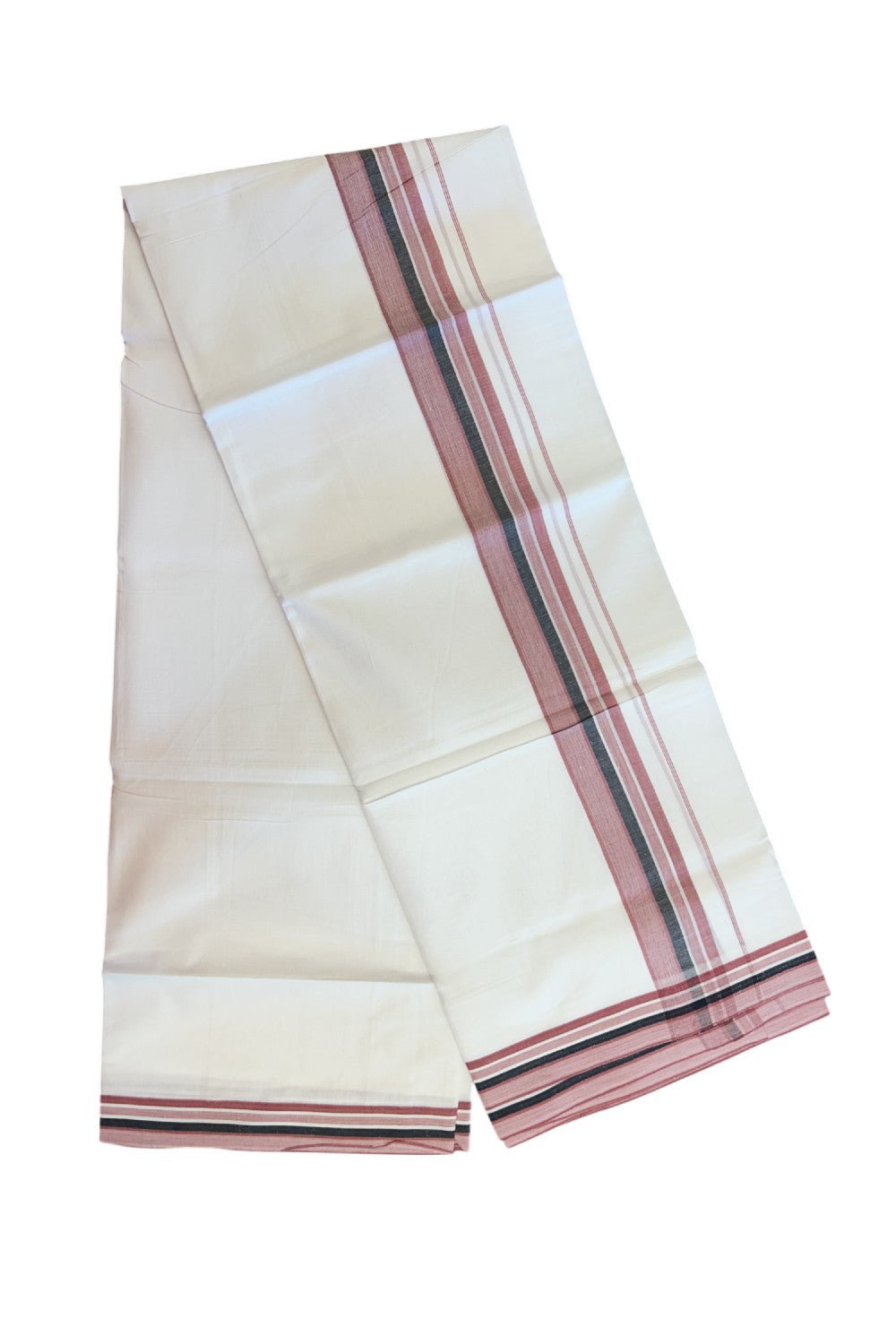 20% Discount ! Kaitharikada Balaramapuram 100% Cotton PURE WHITE Double Mundu/Dothi - 100x80 - 1.75 inch Dark Dusty Rose & Black Shaded Striped Kara 3.75 mtr (8 muzham) - 35KK5220 THI