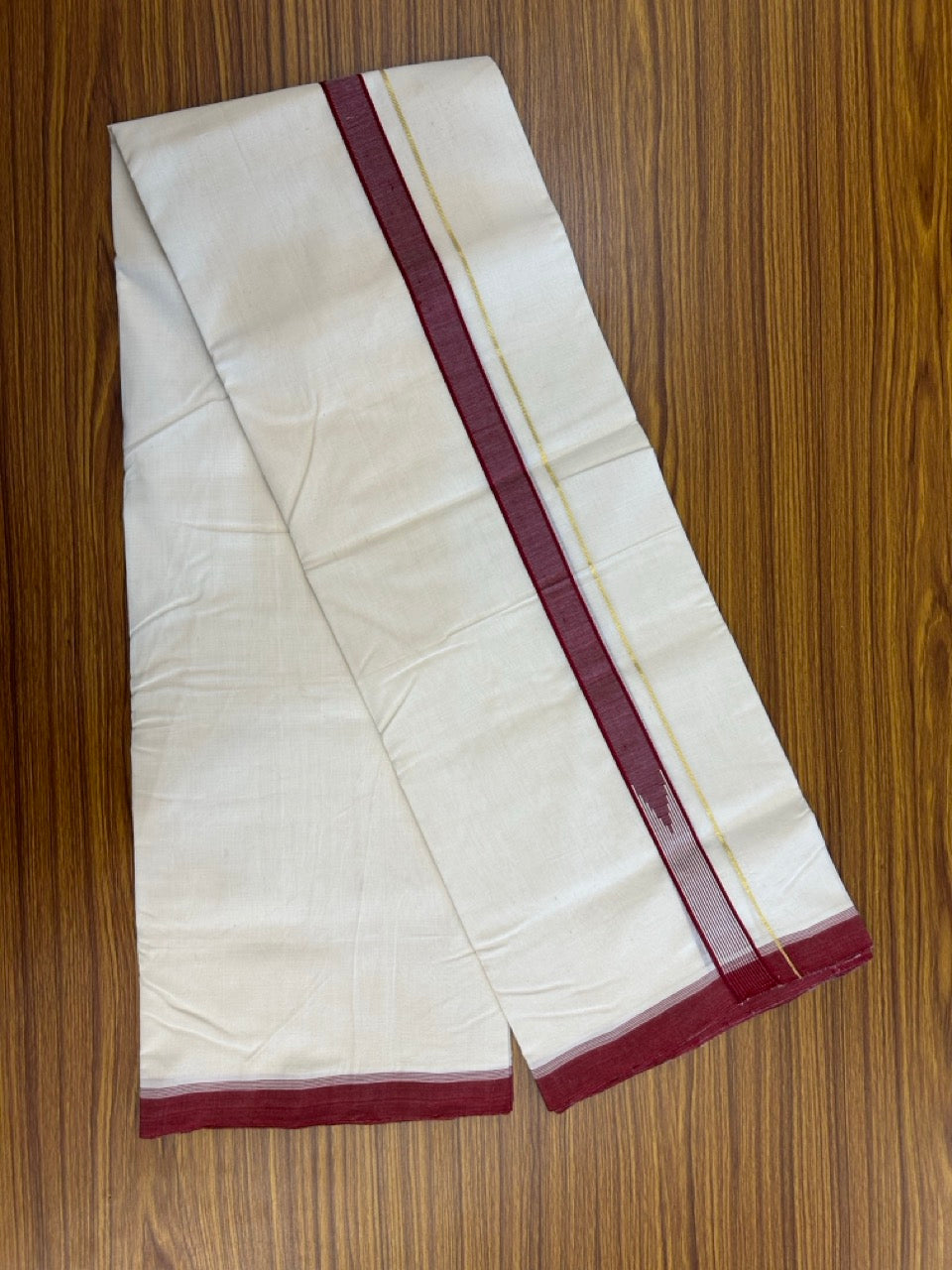 25% DISCOUNT!! KaithariKada HANDLOOM UNAKKUPAAV Balaramapuram - 100% PURE Cotton OFF White - (Unbleached) Double Mundu/Dothi - 100 x 80 - Maroon White Chutty Kara Gold Kasav PURE JERRY - 3.80 meter (8.5 Mulam) - 35 KK5249 REA
