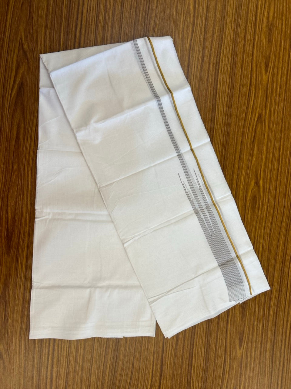 24% Discount! KaithariKada Balaramapuram 100% Cotton Pure white Double Mundu/Dhoti - (100x80)s - 1.5 inch Puliyilakkara Brown Stripes Chutty Gold Kasav - 35 KK5258 THI