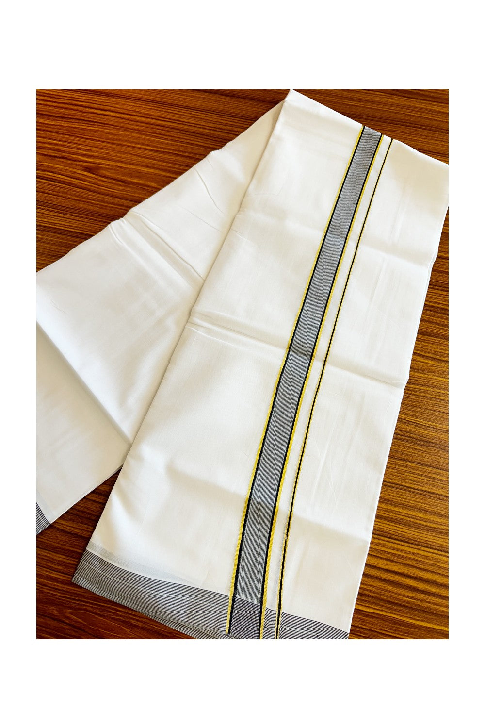 17% DISCOUNT!! KaithariKada Balaramapuram 100% Cotton PURE WHITE Double Mundu/Dhoti - 100x100 - 1.75inch BLACK & GOLD STRIPED KARA.- 35KK31KAI