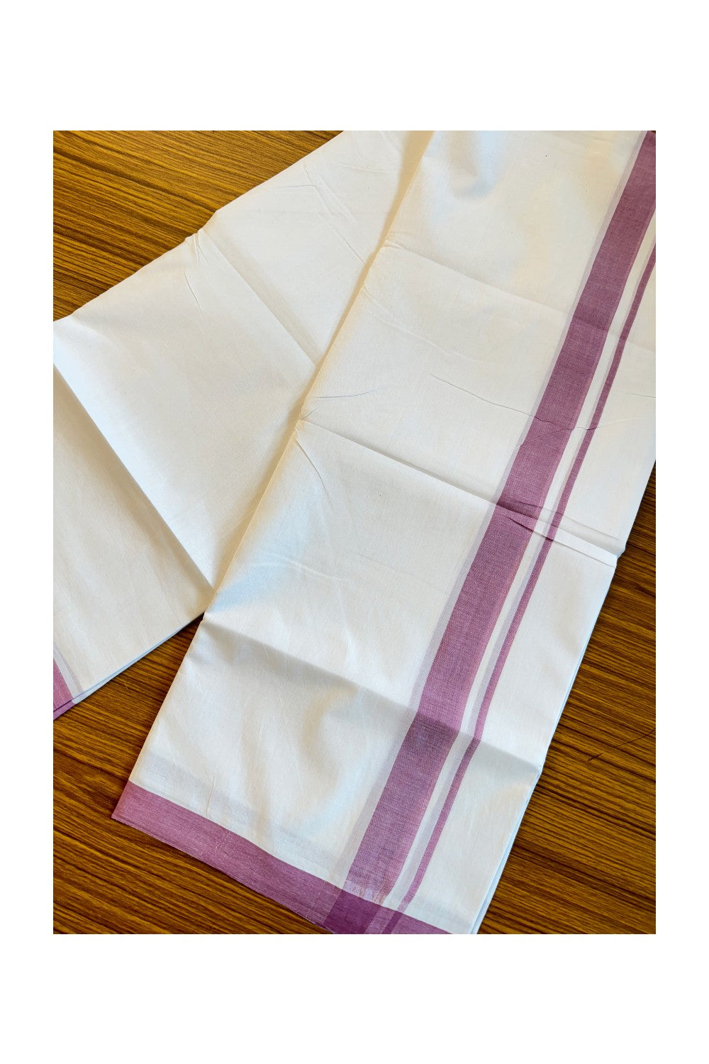 25% Discount! KaithariKada Balaramapuram Handloom 100% Millpaav Cotton Double Mundu/Dhoti Pure white - 100x100 Purple Mulloth Border - 35KK404RAM