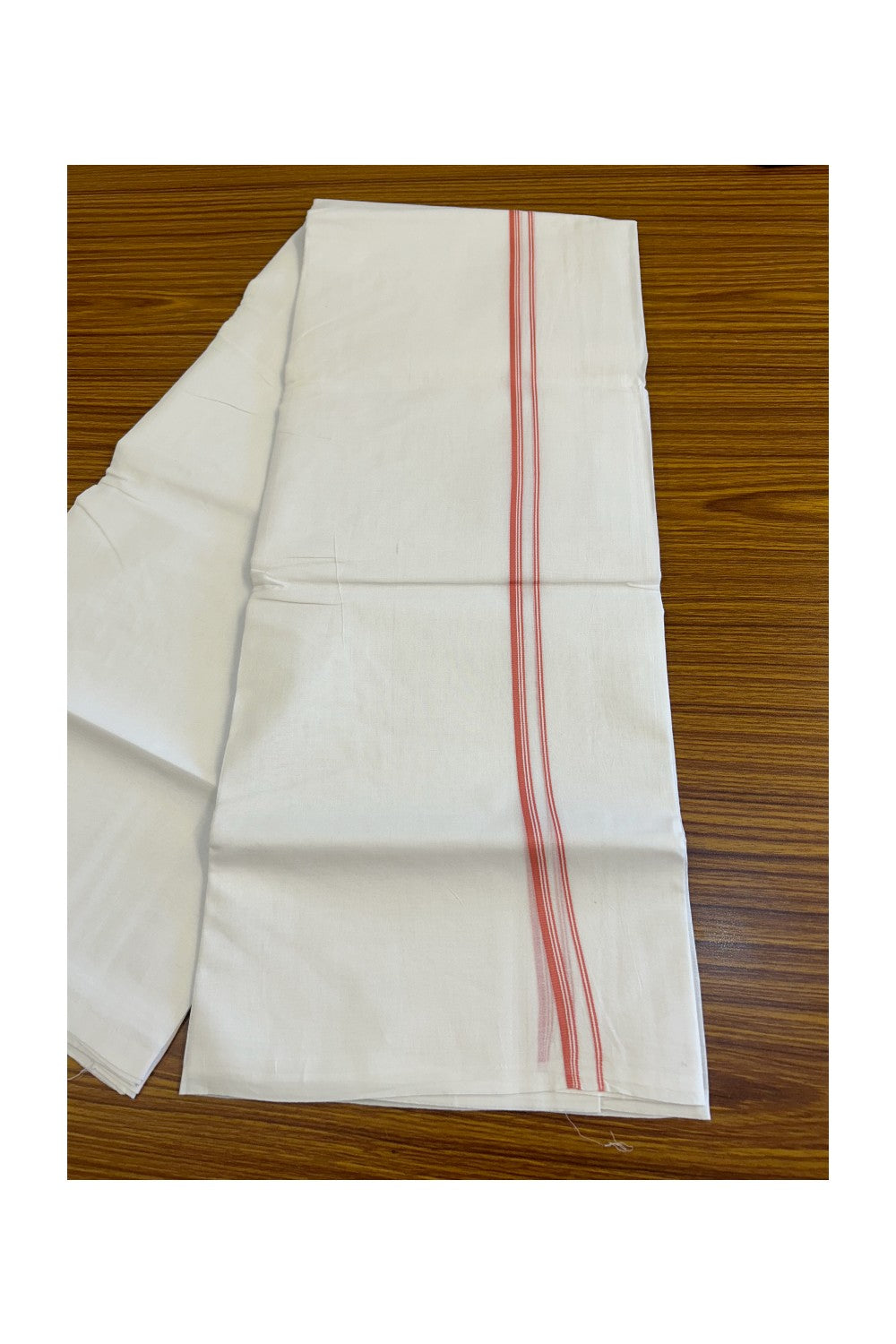 26% DISCOUNT ! KaithariKada Balaramapuram 100% Cotton Double Pure white Mundu/Dhoti-100X100 - Dark Peach & Stripes 0.75 inch Kara.- 39KK487KK