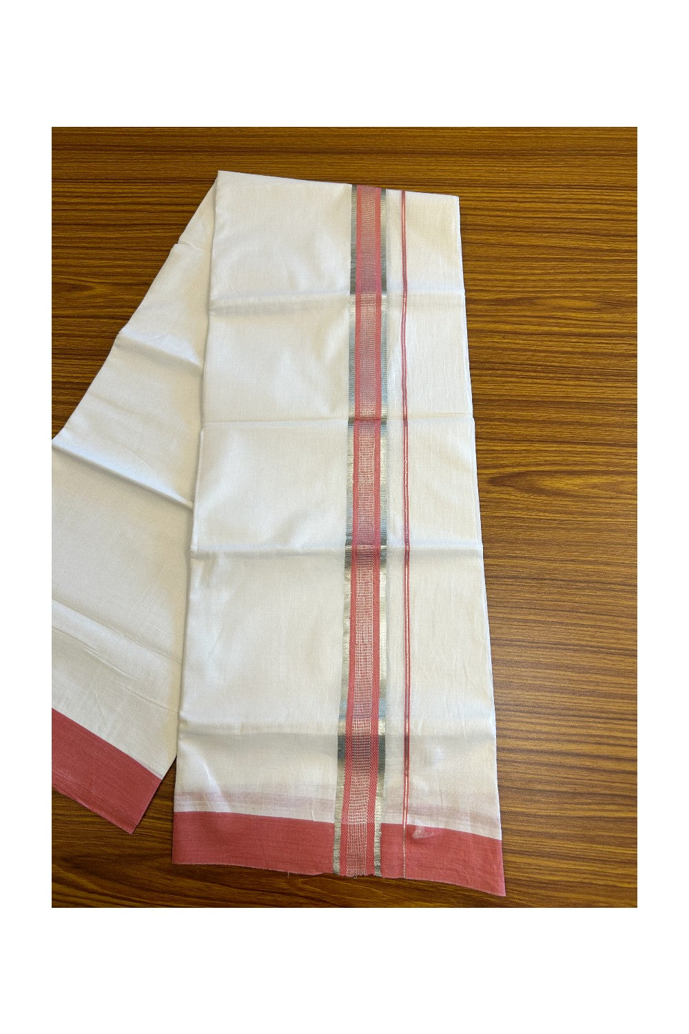 24% DISCOUNT!! Kaitharikada Balaramapuram 100% Cotton PURE WHITE Double Mundu/Dothi-100x80 - 2 Inch Pink & Silver Striped Cotton Kara - 35KK5067KK