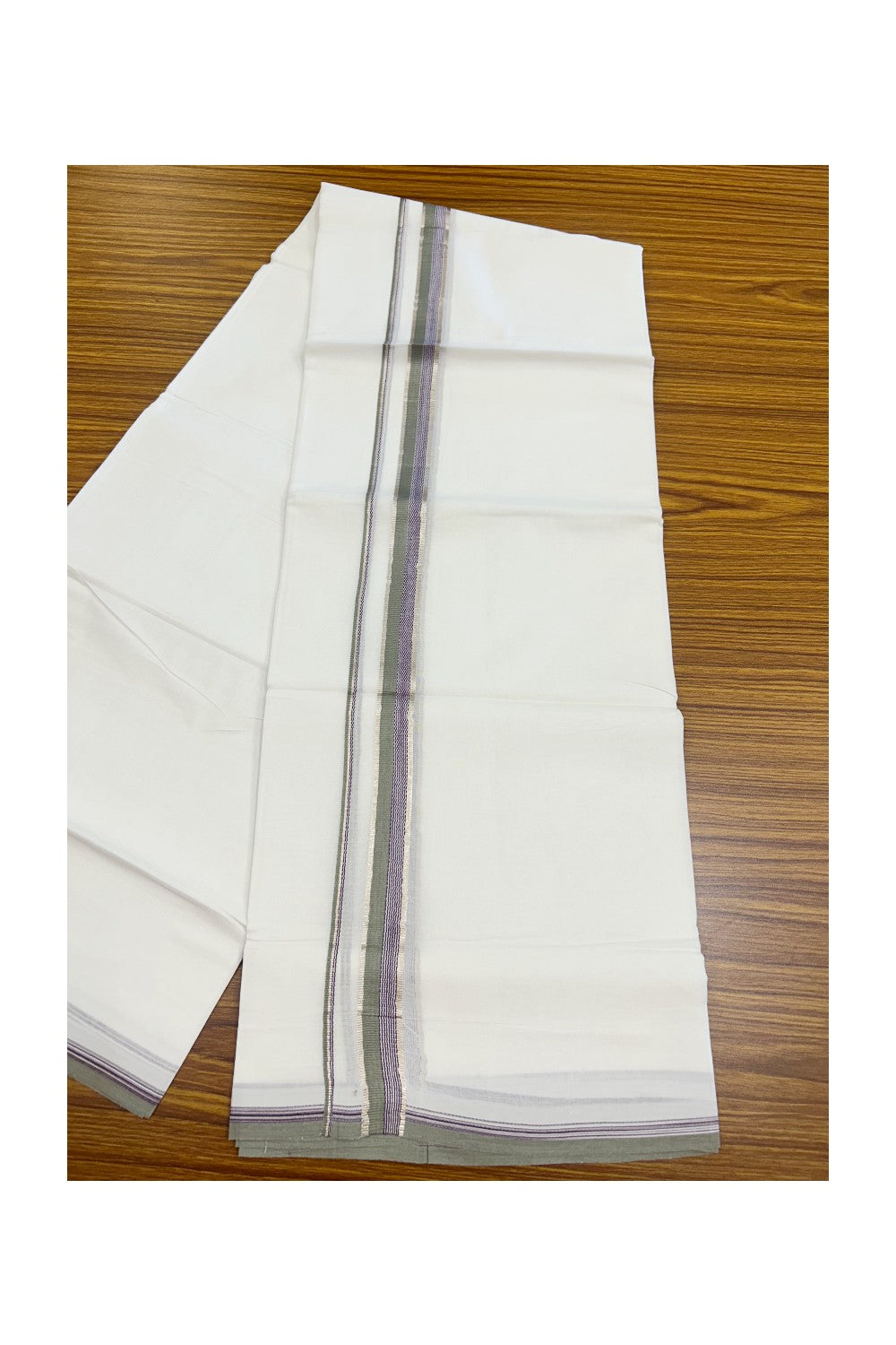 20% Discount ! Kaitharikada Balaramapuram 100% Cotton PURE WHITE Double Mundu/Dothi - 100x80 - 1 inch Silver Kasavu Sage Green Grey & Purple Striped Design Kara - 35KK5182VAS