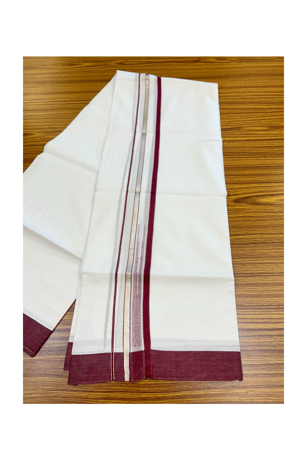 20% Discount ! Kaitharikada Balaramapuram 100% Cotton PURE WHITE Double Mundu/Dothi - 100x80 - 1.5 inch Silver Kasavu & Light Maroon Striped chutty kara - 35KK5183VIN