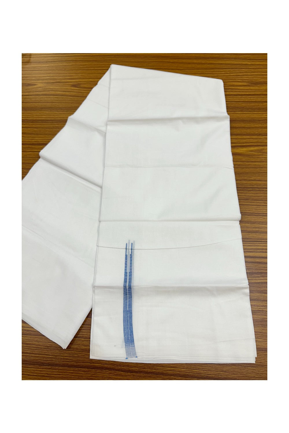20% DISCOUNT!! KaithariKada Balaramapuram 100% Cotton PURE WHITE Double Mundu/Dhoti-100x80 - 0.5 inch Blue Puliyilakkara Chutty - 35KK5191CKS