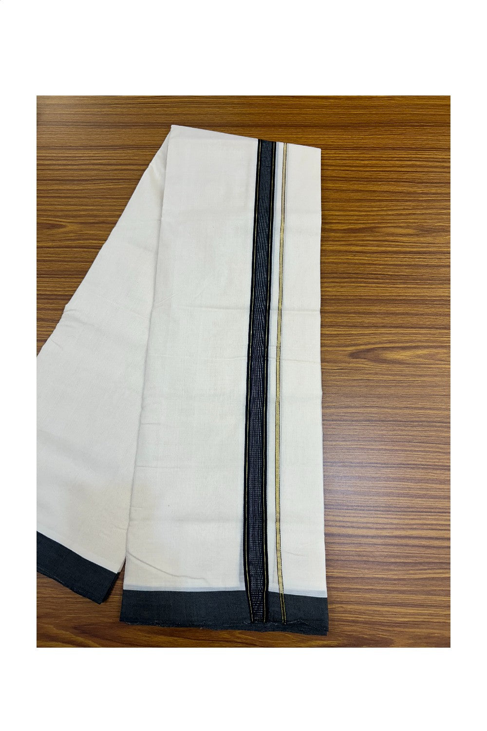 25% DISCOUNT!! KaithariKada HANDLOOM UNAKKUPAAV Balaramapuram - 100% PURE Cotton OFF White - (Unbleached) Double Mundu/Dothi - 80X100 - 1 inch PURE JERRY & Black Striped Kara 3.60 meter (8 Muzham) - 35KK5209 REA