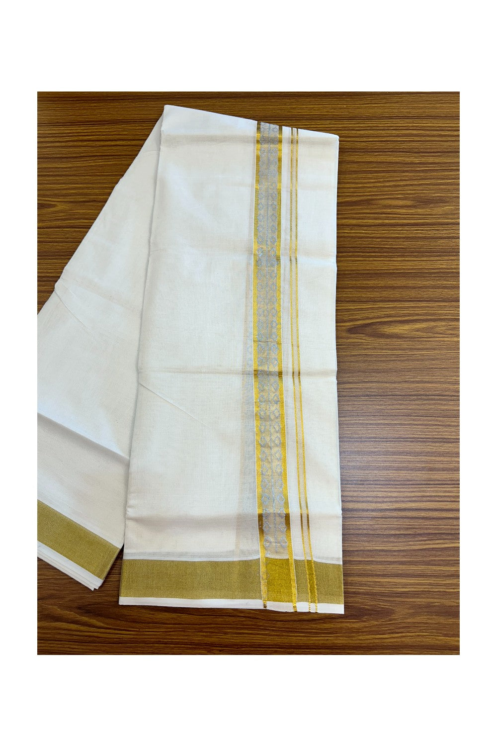 22% Discount!! KaithariKada Balaramapuram 100% Cotton DOUBLE OFF WHITE - (Ubleached) Mundu/Dhoti - 80x90 - 1.5 inch Gold Kasavu with Silver Printed Design Kara - 35KK5219 GAN