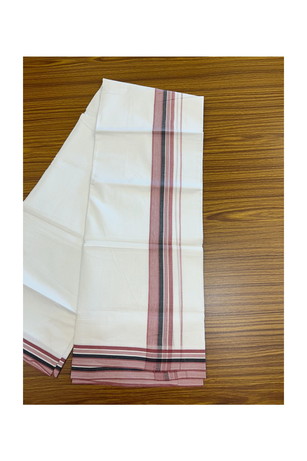 20% Discount ! Kaitharikada Balaramapuram 100% Cotton PURE WHITE Double Mundu/Dothi - 100x80 - 1.75 inch Dark Dusty Rose & Black Shaded Striped Kara 3.75 mtr (8 muzham) - 35KK5220 THI
