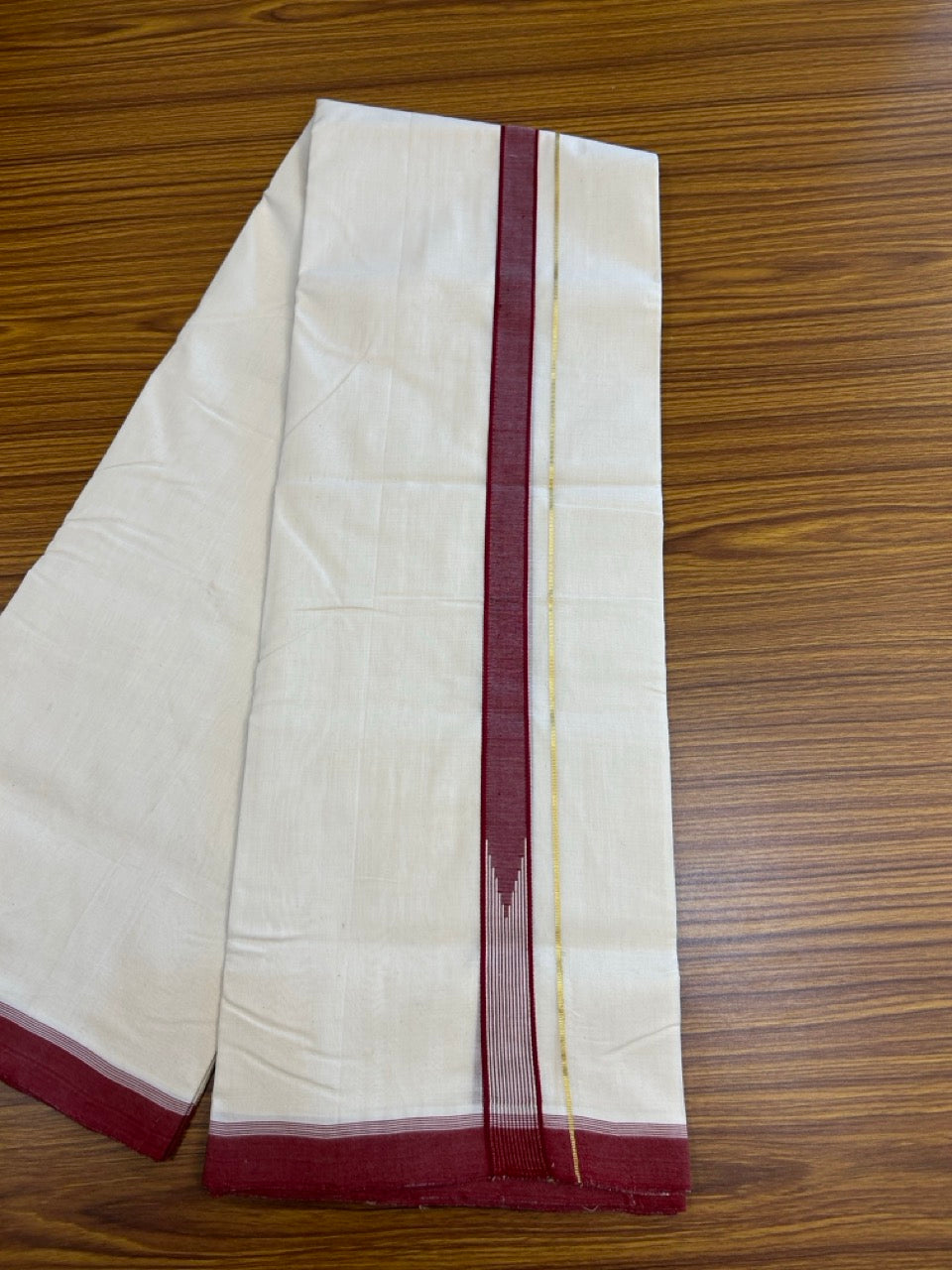 25% DISCOUNT!! KaithariKada HANDLOOM UNAKKUPAAV Balaramapuram - 100% PURE Cotton OFF White - (Unbleached) Double Mundu/Dothi - 100 x 80 - Maroon White Chutty Kara Gold Kasav PURE JERRY - 3.80 meter (8.5 Mulam) - 35 KK5249 REA