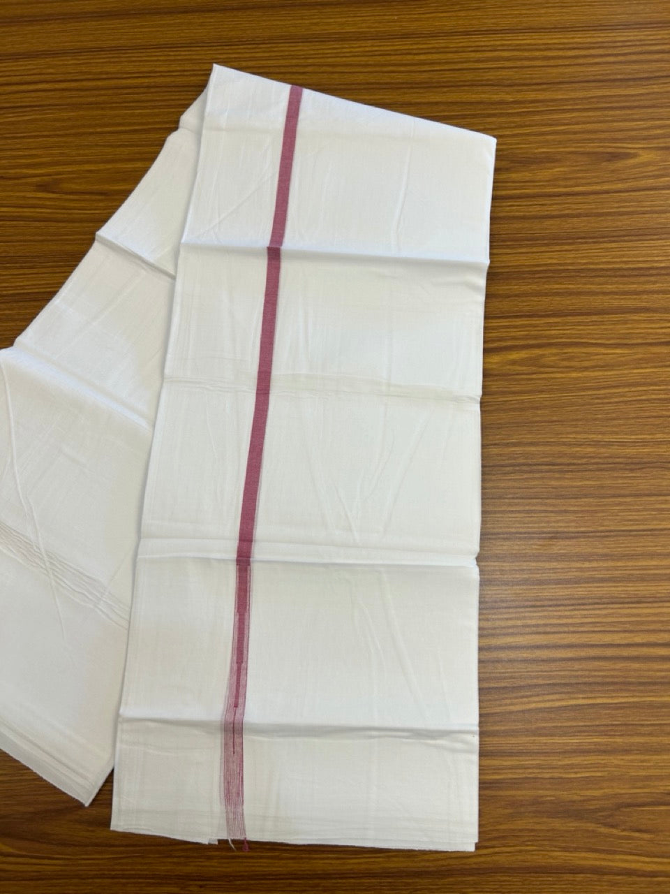 20% DISCOUNT!! NEW!! KaithariKada Balaramapuram 100% Cotton PURE WHITE Double Mundu/Dhoti - (100x80)s - 0.5 inch Dark Magenta Kara chutty - 35 KK5249 VIN