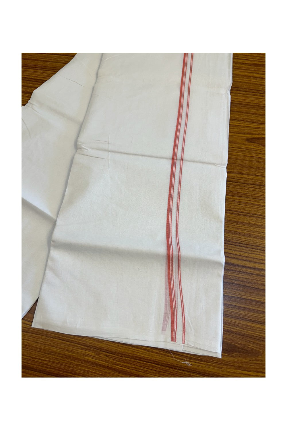 26% Discount! KaithariKada Balaramapuram 100% Cotton Double Pure white Mundu/Dhoti-100X100 - Dark Peach & Stripes 0.75 inch Kara.- 39KK487KK