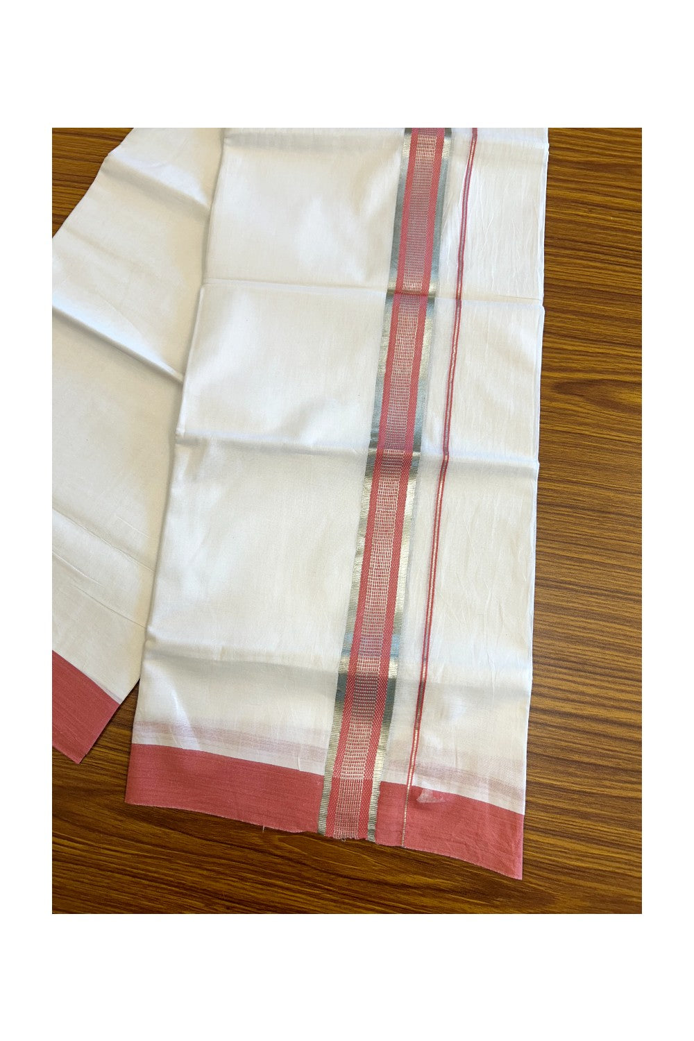 24% DISCOUNT!! Kaitharikada Balaramapuram 100% Cotton PURE WHITE Double Mundu/Dothi-100x80 - 2 Inch Pink & Silver Striped Cotton Kara - 35KK5067KK