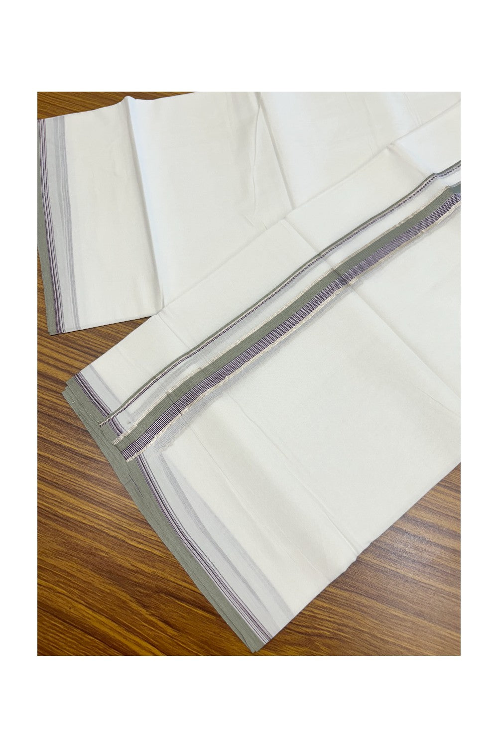 20% Discount ! Kaitharikada Balaramapuram 100% Cotton PURE WHITE Double Mundu/Dothi - 100x80 - 1 inch Silver Kasavu Sage Green Grey & Purple Striped Design Kara - 35KK5182VAS