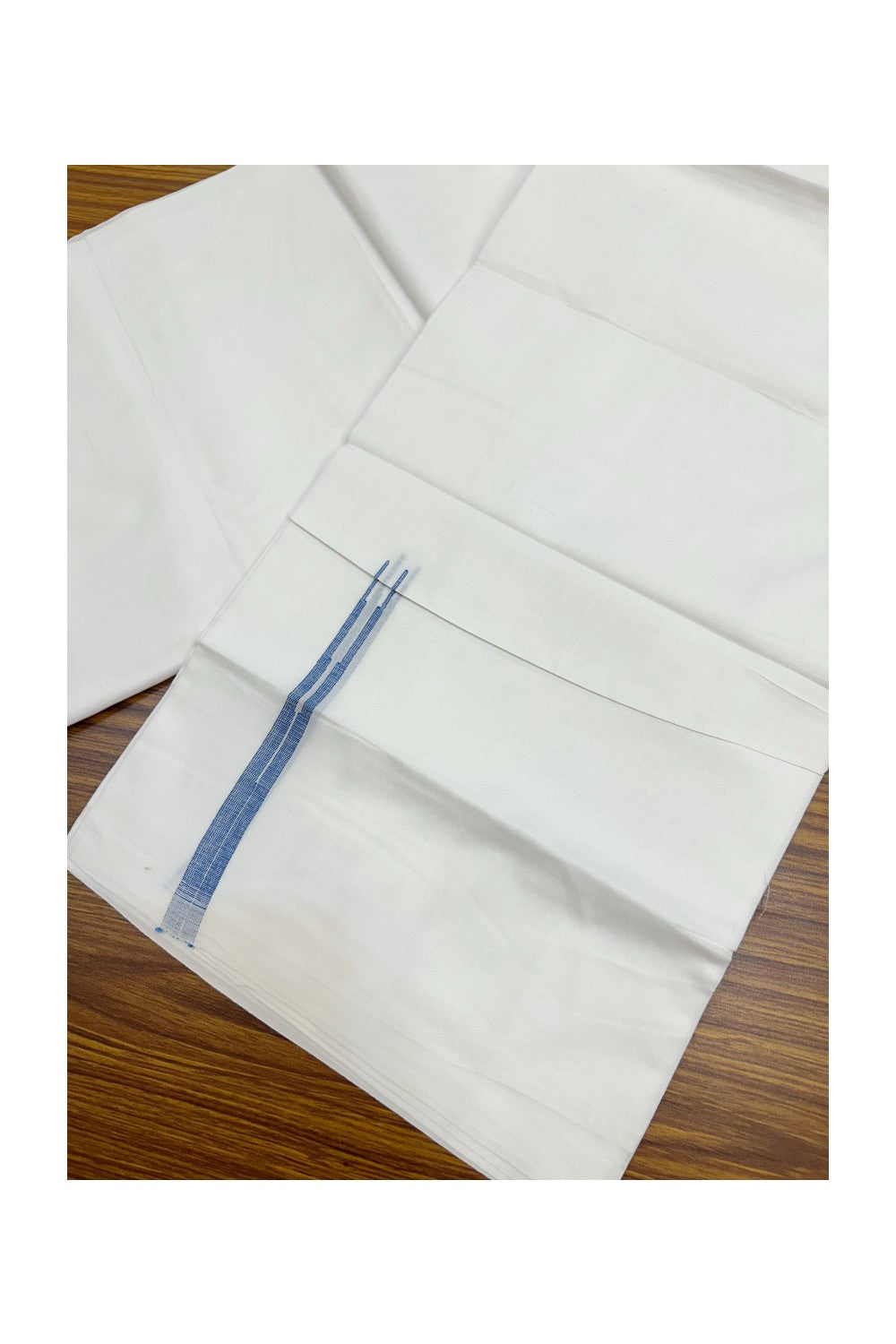 20% DISCOUNT!! KaithariKada Balaramapuram 100% Cotton PURE WHITE Double Mundu/Dhoti-100x80 - 0.5 inch Blue Puliyilakkara Chutty - 35KK5191CKS