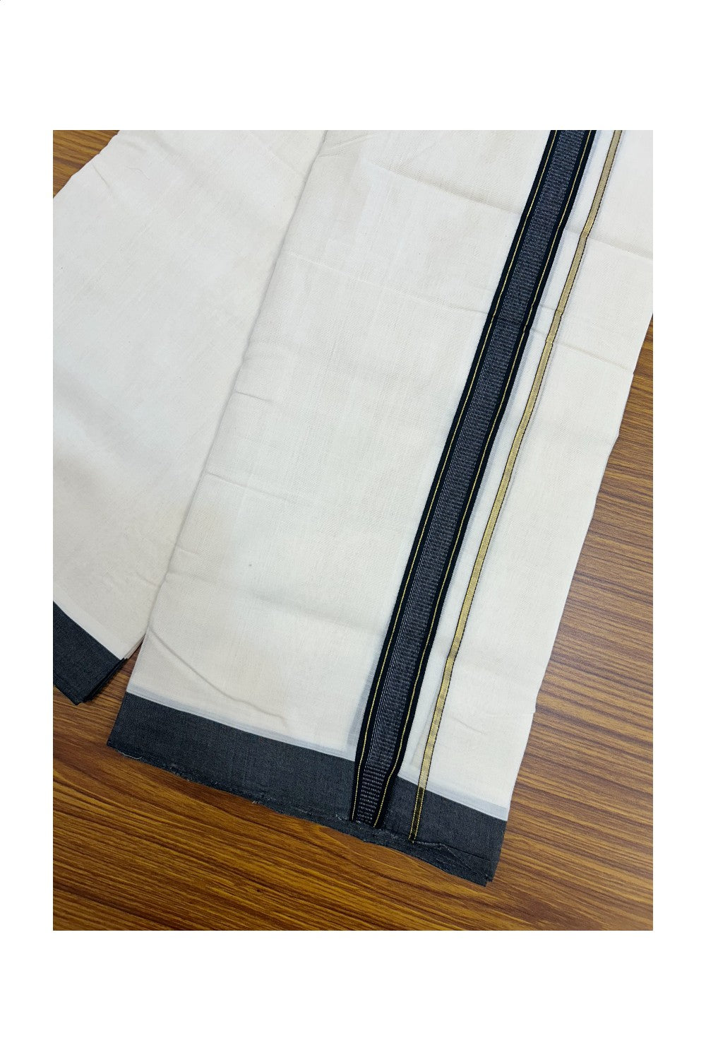 25% DISCOUNT!! KaithariKada HANDLOOM UNAKKUPAAV Balaramapuram - 100% PURE Cotton OFF White - (Unbleached) Double Mundu/Dothi - 80X100 - 1 inch PURE JERRY & Black Striped Kara 3.60 meter (8 Muzham) - 35KK5209 REA