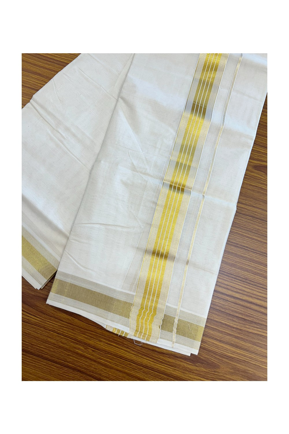 20% Discount !! KaithariKada Balaramapuram 100% Cotton Double Off white - (Unbleached) Mundu/Dhoti - 80x90 - 1.75 inch Kasavu Stripes Kara - 35KK5212 VIN