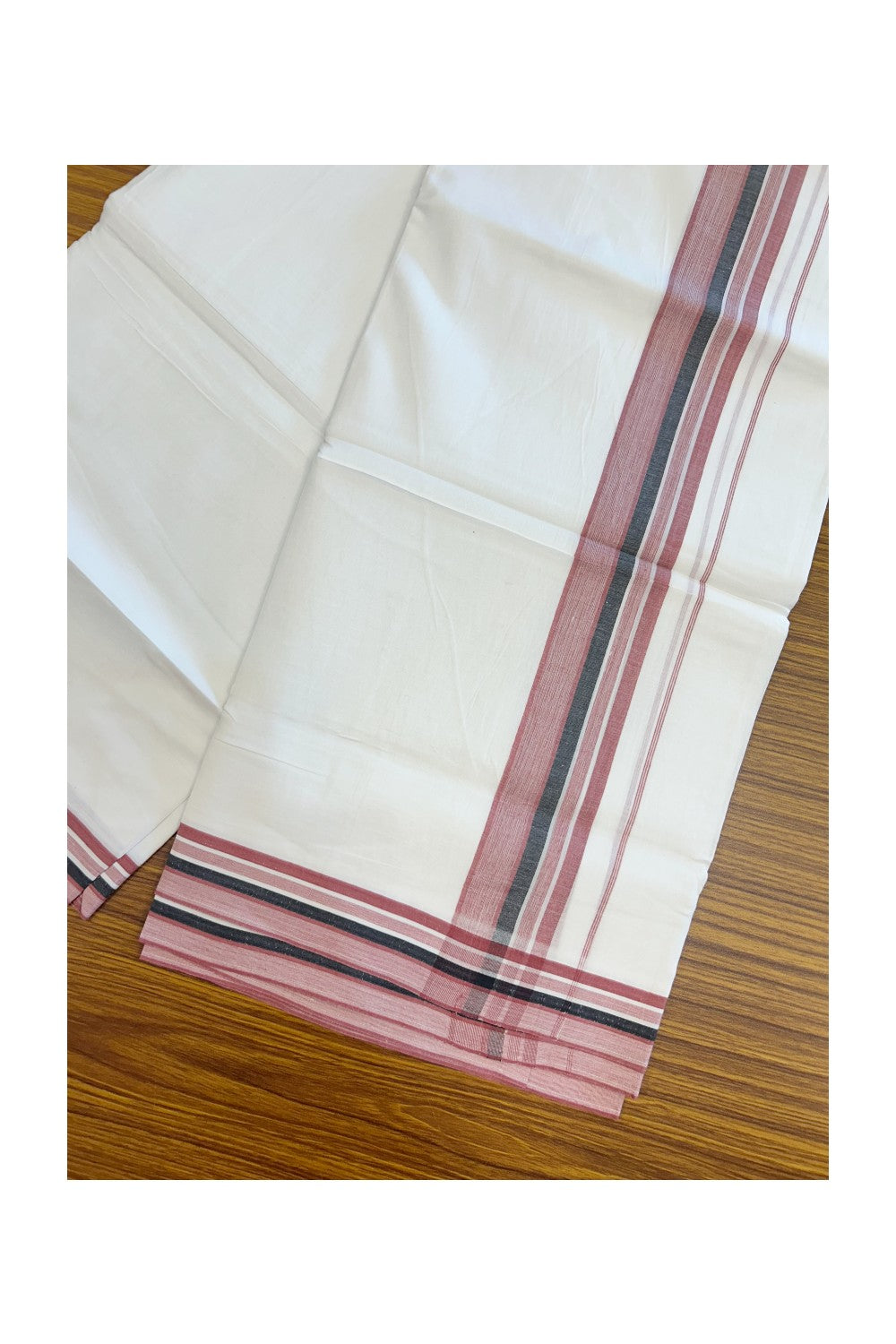 20% Discount ! Kaitharikada Balaramapuram 100% Cotton PURE WHITE Double Mundu/Dothi - 100x80 - 1.75 inch Dark Dusty Rose & Black Shaded Striped Kara 3.75 mtr (8 muzham) - 35KK5220 THI