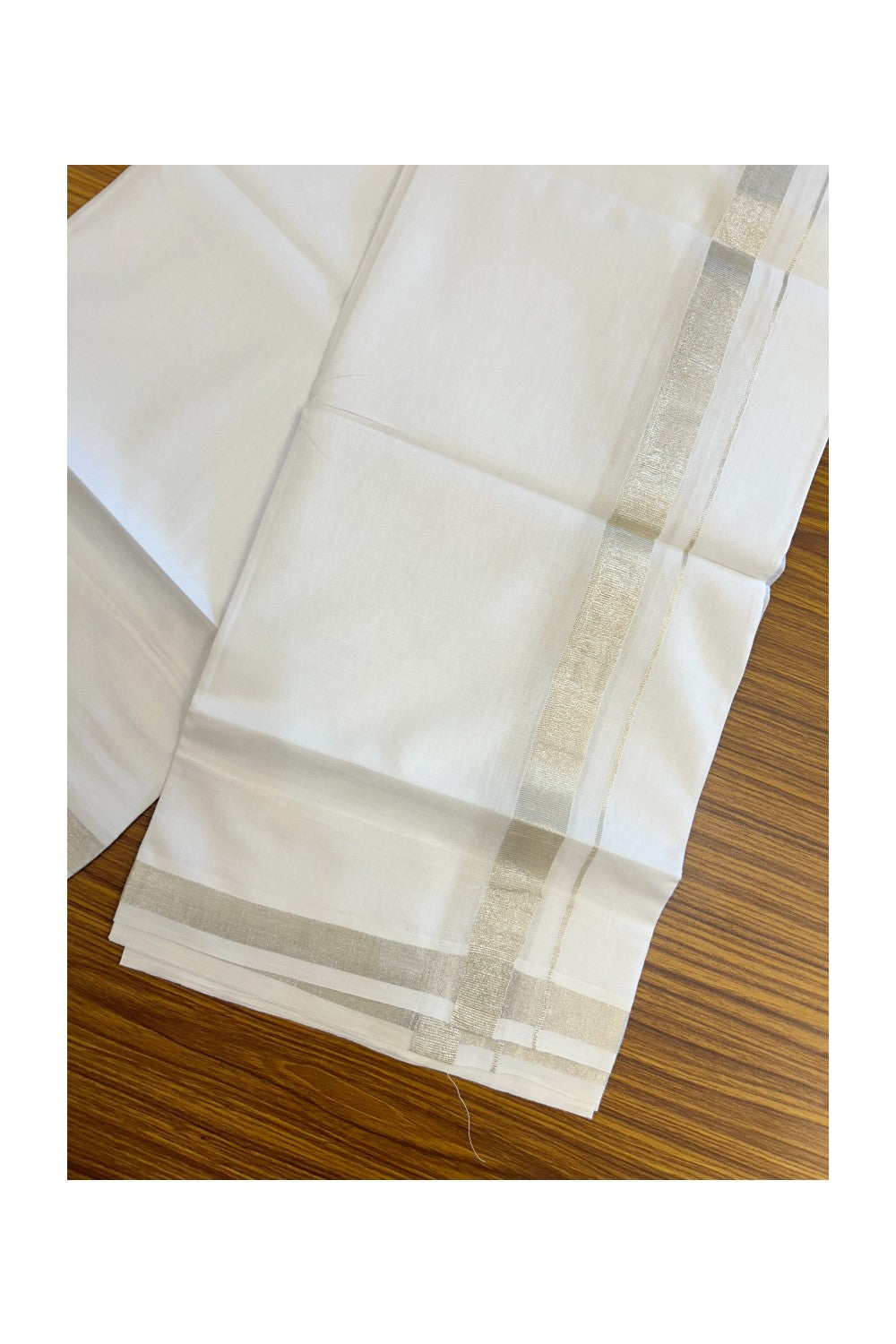 20% DISCOUNT! KaithariKada Balaramapuram 100% Cotton Double Pure white Mundu/Dhoti- 100x80 - 2 cm Silver Kasavu Kara - 3.94mtr ( 8 muzham) - 35KK5227 PMC