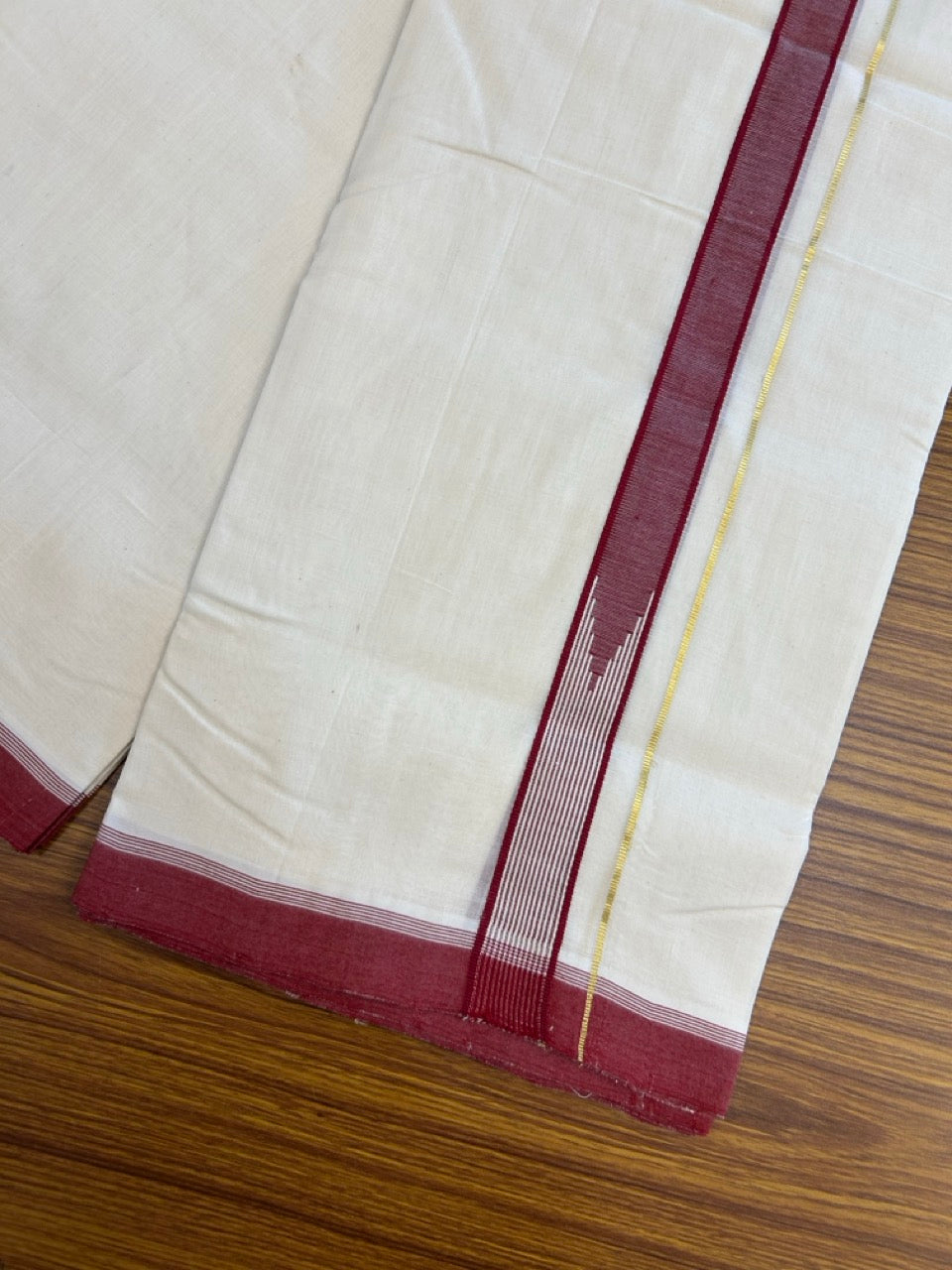 25% DISCOUNT!! KaithariKada HANDLOOM UNAKKUPAAV Balaramapuram - 100% PURE Cotton OFF White - (Unbleached) Double Mundu/Dothi - 100 x 80 - Maroon White Chutty Kara Gold Kasav PURE JERRY - 3.80 meter (8.5 Mulam) - 35 KK5249 REA