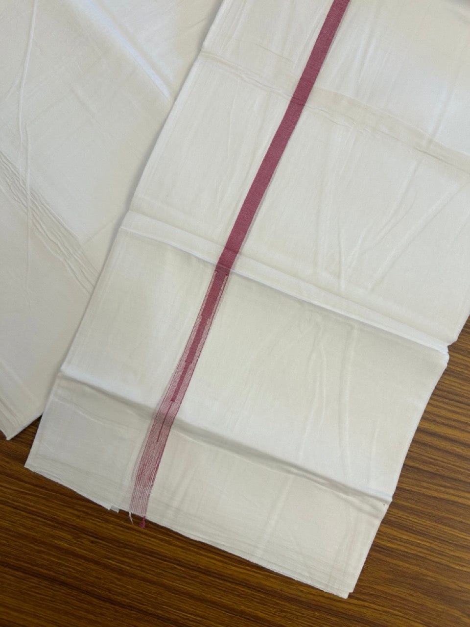 20% DISCOUNT!! NEW!! KaithariKada Balaramapuram 100% Cotton PURE WHITE Double Mundu/Dhoti - (100x80)s - 0.5 inch Dark Magenta Kara chutty - 35 KK5249 VIN