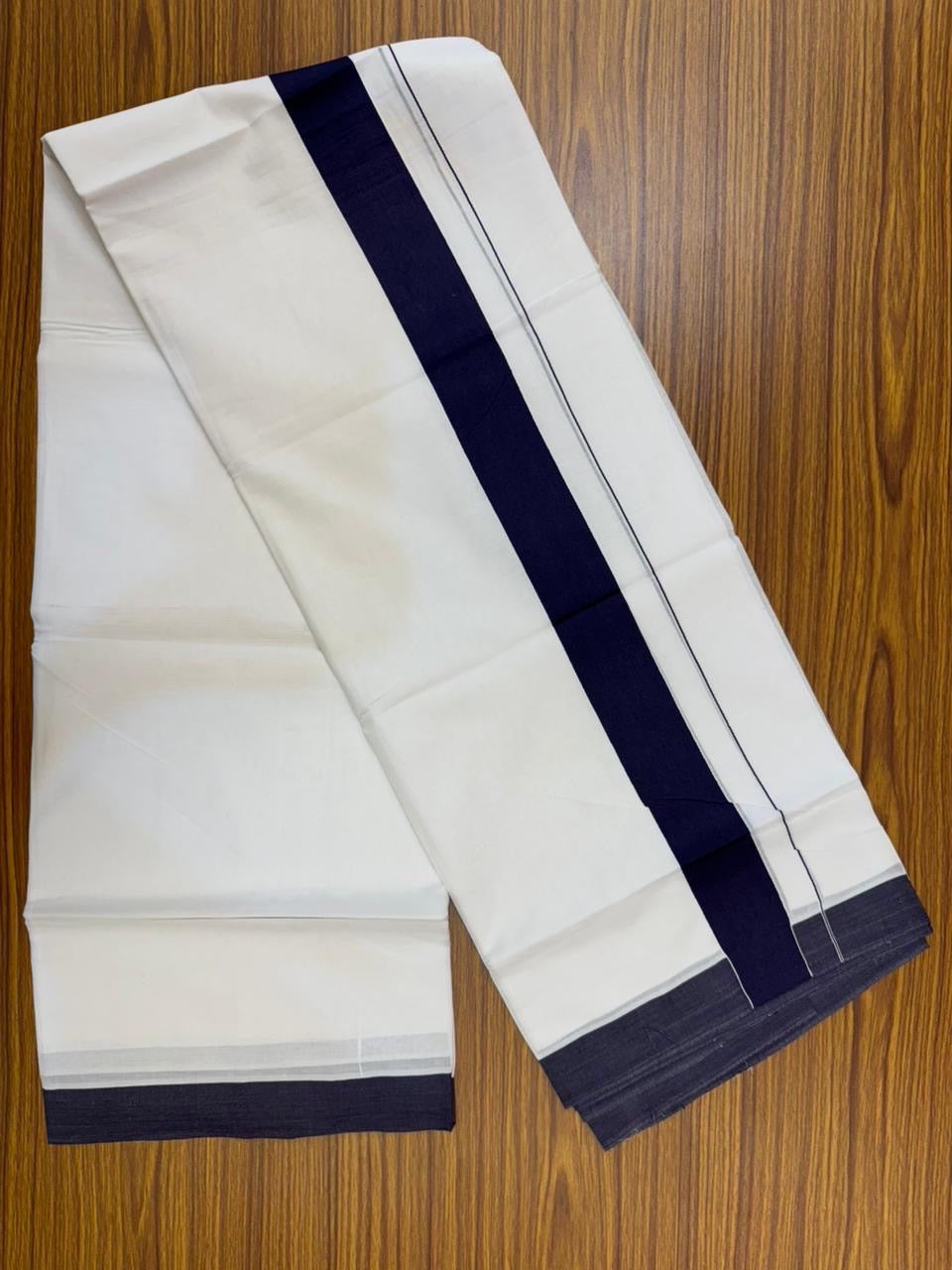 20% Discount ! KaithariKada Balaramapuram 100% Cotton Double Pure white Mundu/Dhoti- 100x80 - 1.5 inch Navy Blue Kara - 3.90mtr ( 8 muzham) - 30 KK5251 PMC