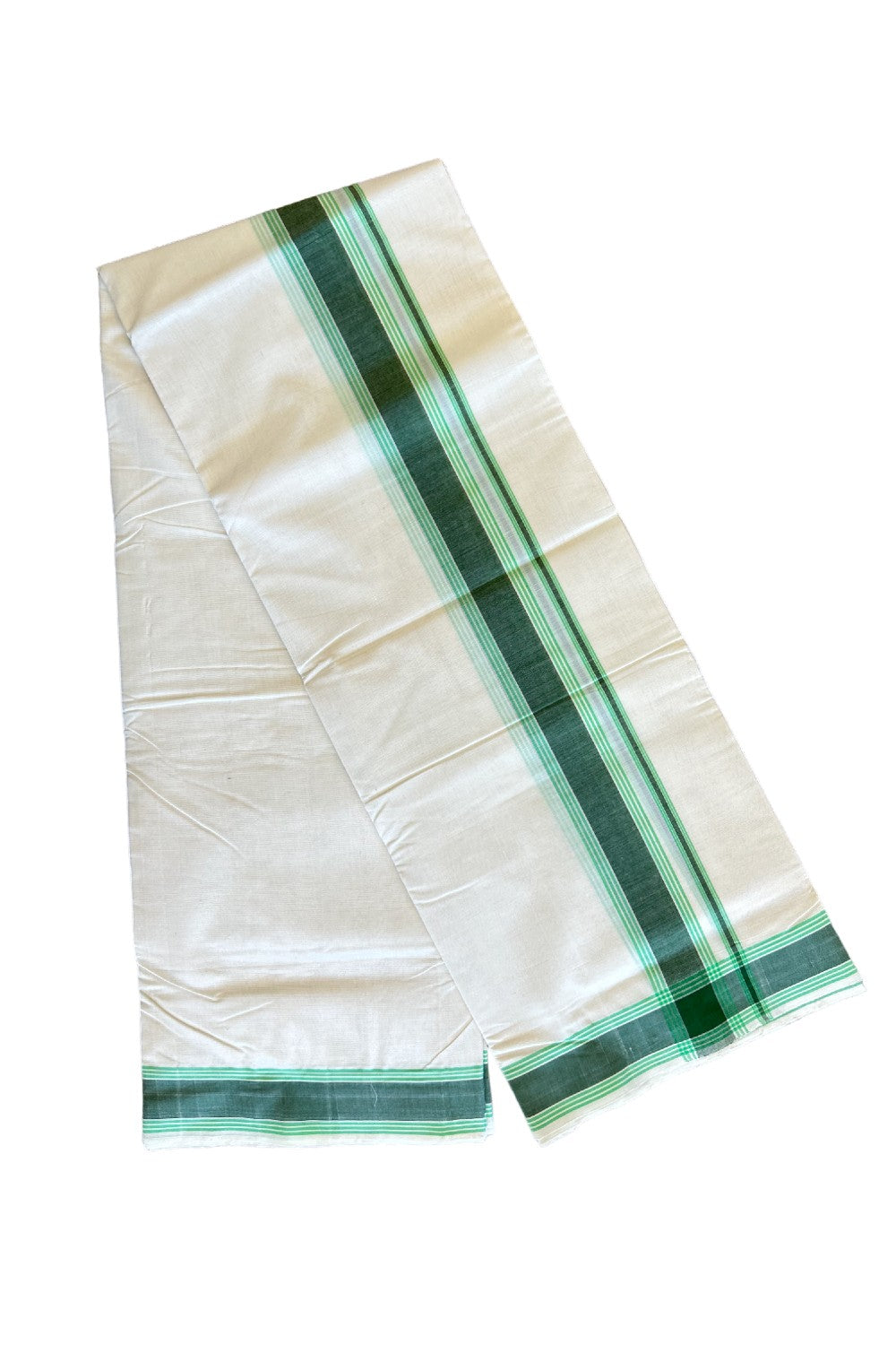 30% Discount!!! KaithariKada HANDLOOM Millpaav Balaramapuram - 100% PURE Cotton off white (Unbleached) Double Mundu/Dhoti - Dark green & Lime green stripes kara - 36KK458SOM
