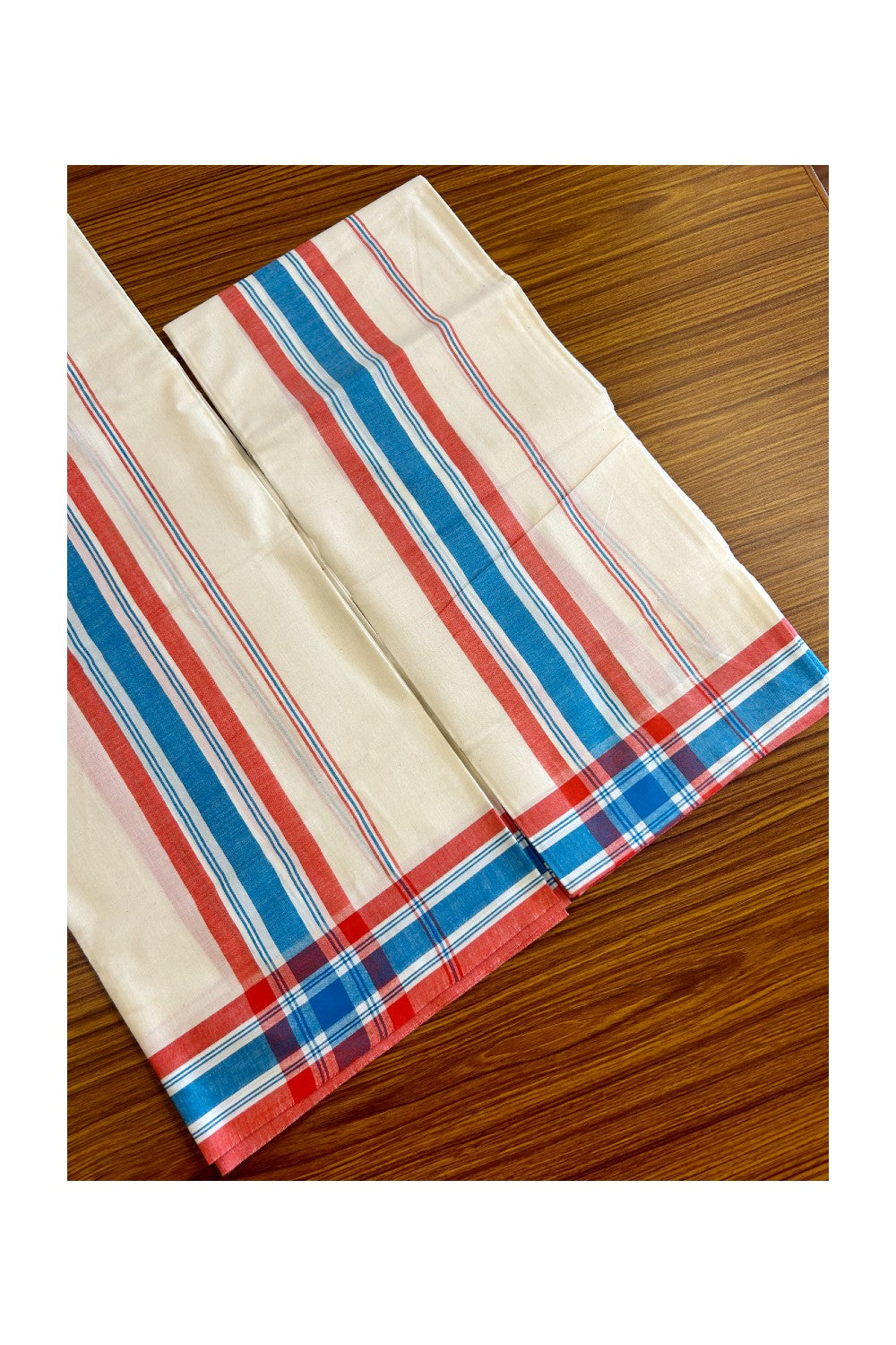15% Discount!! KaithariKada - Kerala Cotton Single Set Mundu - EXTRA LENGTH - Red & Blue Mulloth Kara- 36KK472CKA