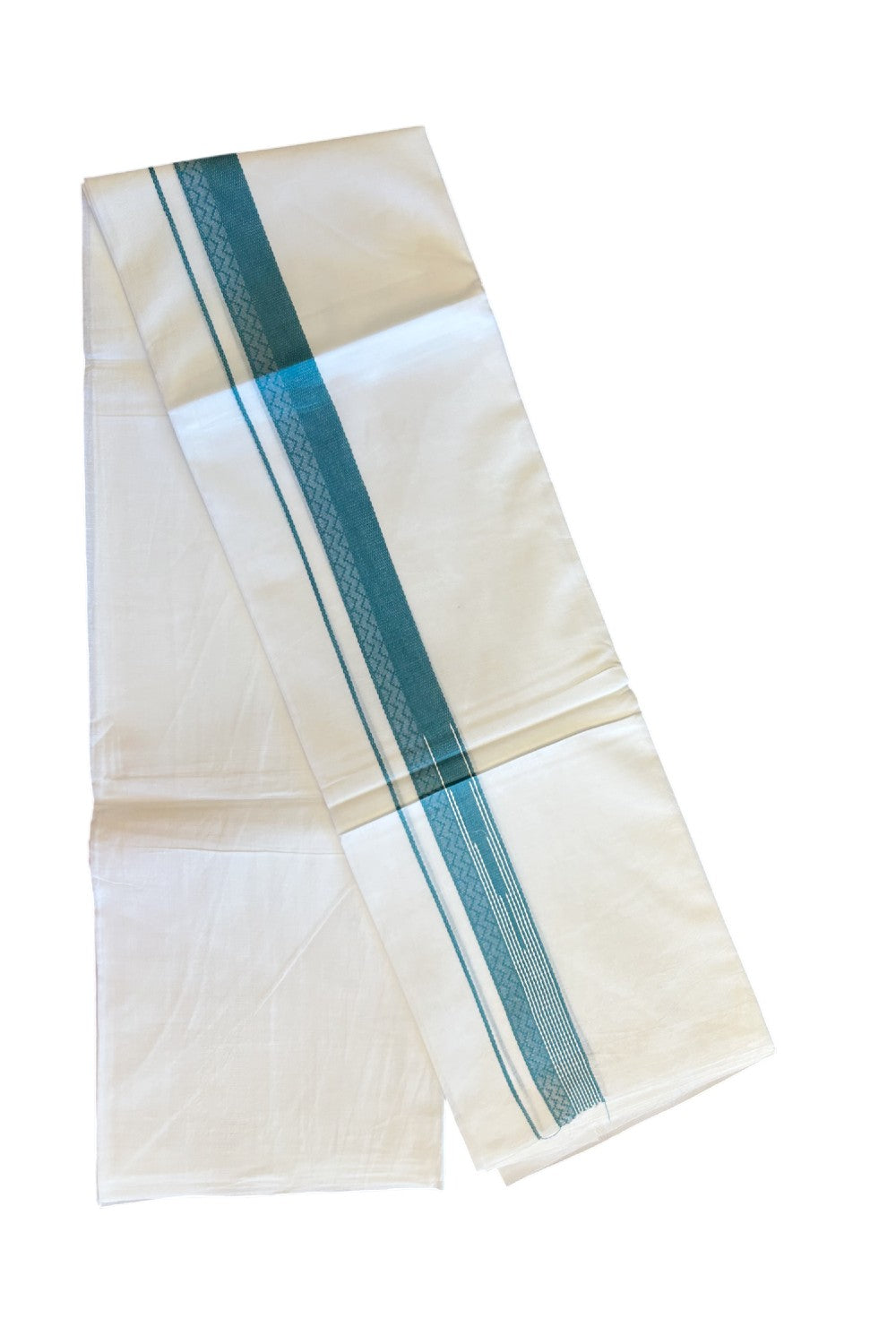 20% DISCOUNT!! Kaitharikada Balaramapuram 100% Cotton PURE WHITE Double Mundu/Dothi - 80X90 - 1.5 Inch Marine Teal Blue design Kara 3.70 m (8 Muzham) - 55KK5115THI