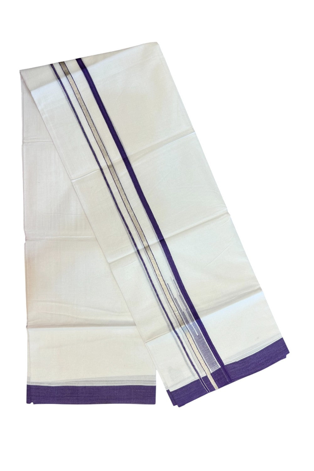 20% Discount ! Kaitharikada Balaramapuram 100% Cotton PURE WHITE Double Mundu/Dothi - 100x80 - 1.5 inch Silver Kasavu & Violet Striped chutty kara - 36KK5183VIN