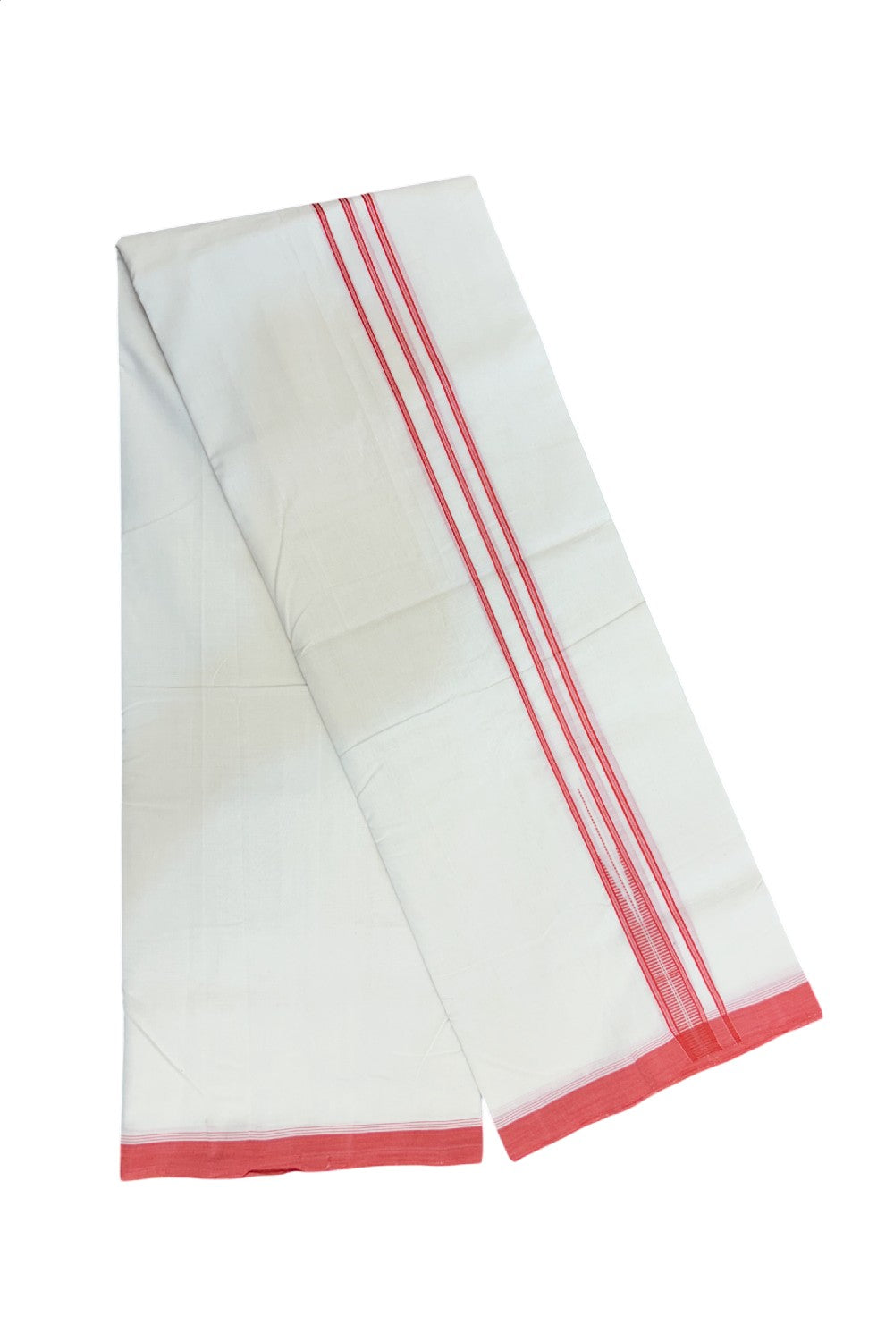 25% DISCOUNT!! KaithariKada HANDLOOM UNAKKUPAAV Balaramapuram - 100% PURE Cotton OFF White - (Unbleached) Double Mundu/Dothi - 80X100 - 1 inch Puliyilakkara Reddish Peach Striped Chutty Kara 3.80 meter (8.5 Muzham) - 36KK5209 REA