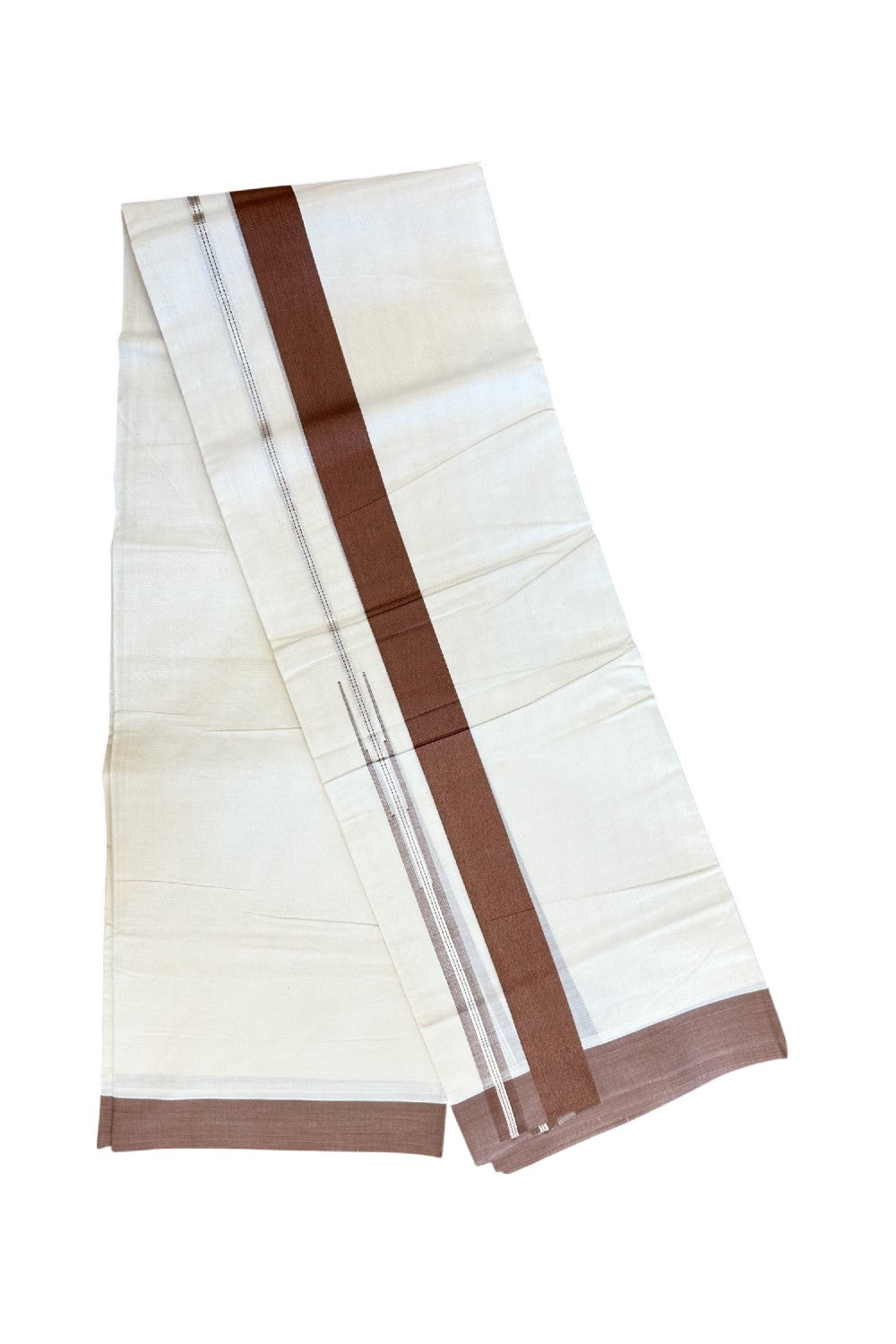 20% Discount ! KaithariKada Balaramapuram 100% Cotton Double OFF WHITE - (Unbleached) - Mundu / Dhoti- 100x80 - Puliyilakkara 1.5 inch Silver kasavu Walnut brown striped chutty - 36KK5213 VIN