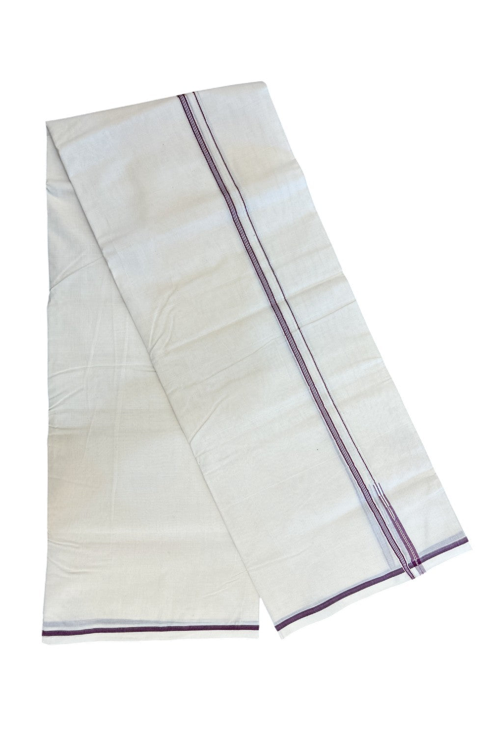 20% Discount ! KaithariKada Balaramapuram 100% Cotton Double Off white - (Unbleached) Mundu/Dhoti-100x100 - 1 cm Puliyilakkara Silver Kasavu & Wine Purple Striped Chutty kara - 36KK5218ASH