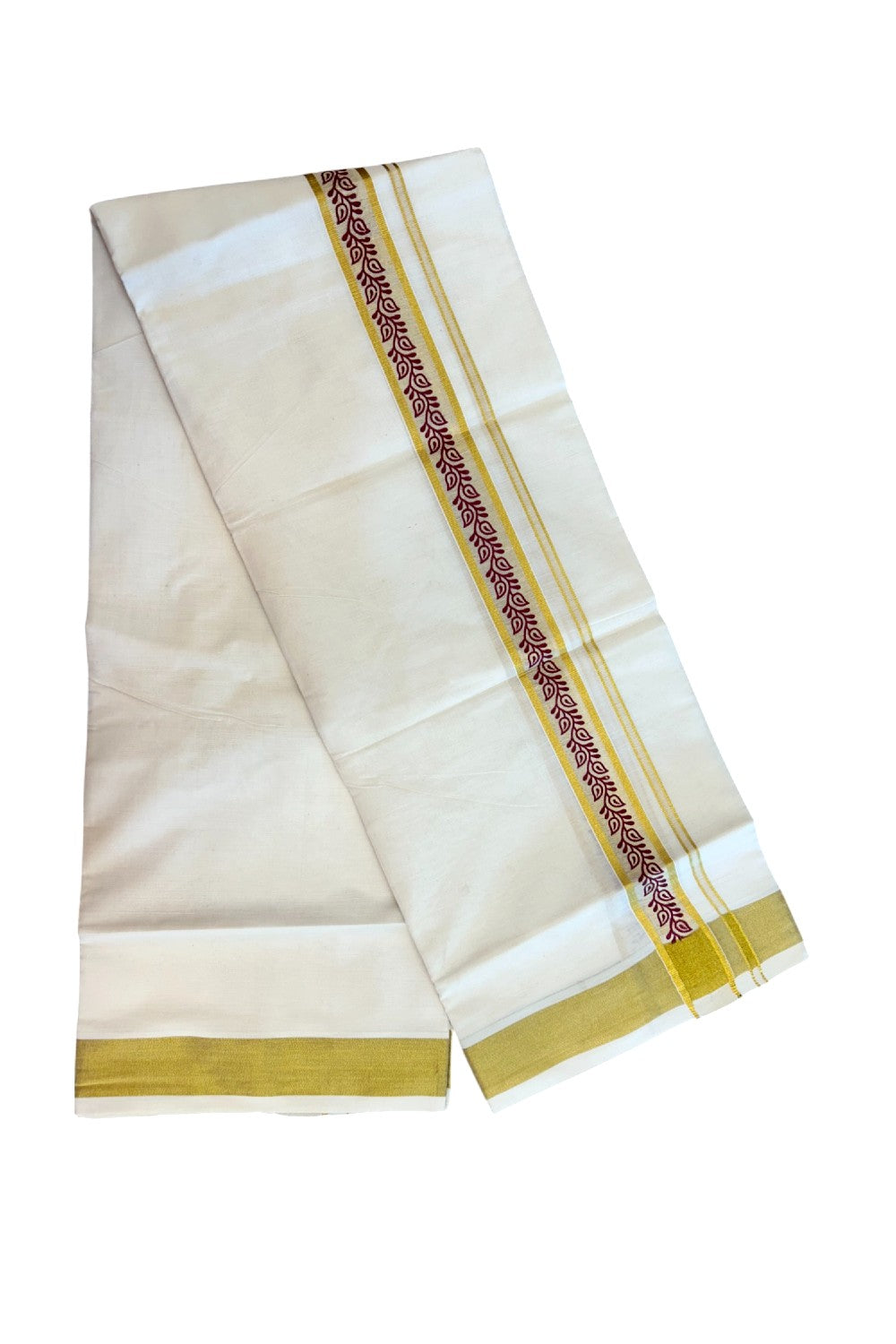 22% Discount!! KaithariKada Balaramapuram 100% Cotton DOUBLE OFF WHITE - (Ubleached) Mundu/Dhoti - 80x90 - 1.5 inch Gold Kasavu with Maroon Leaf Printed Design Kara - 36KK5219 GAN