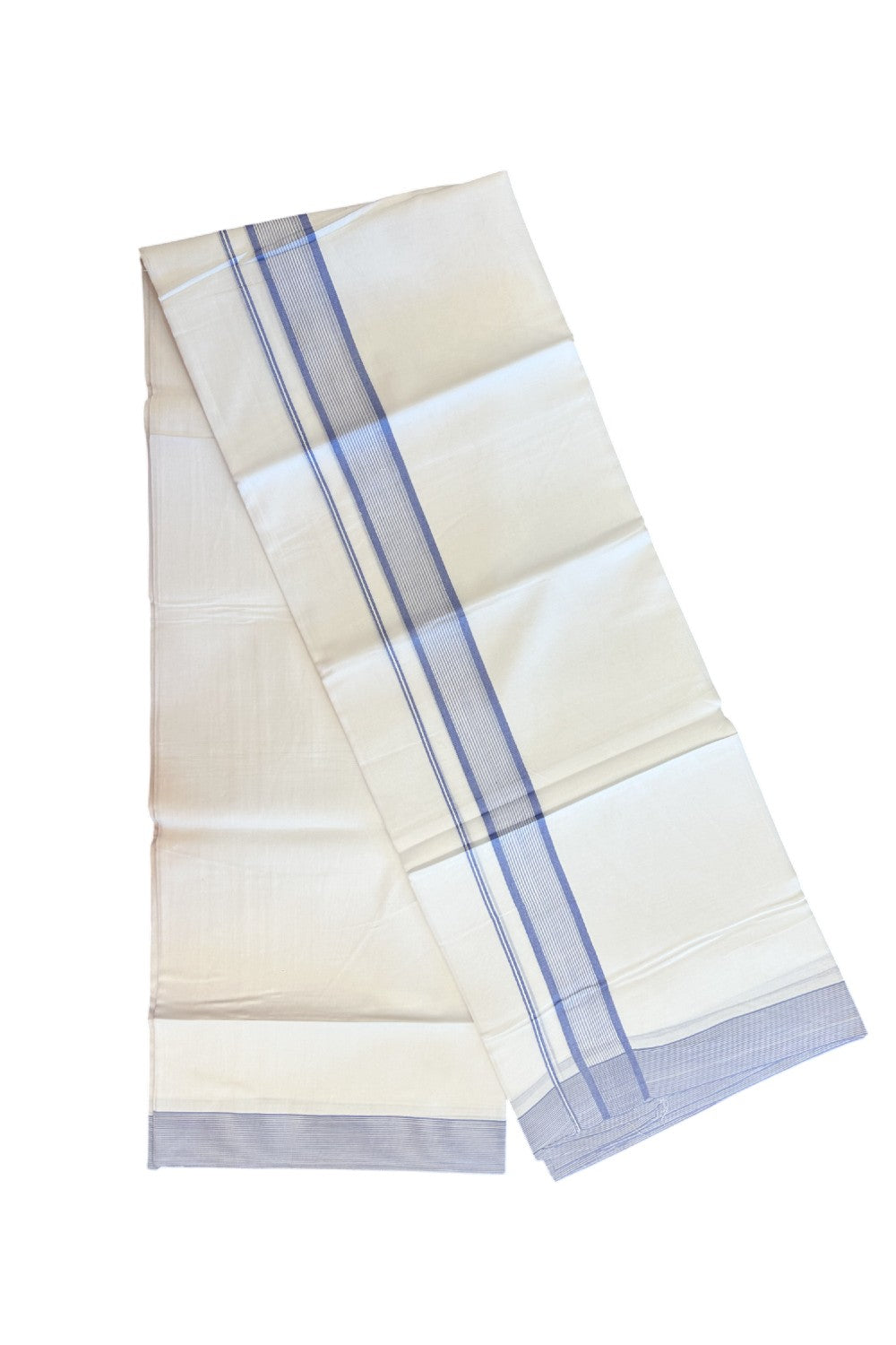 20% Discount ! Kaitharikada Balaramapuram 100% Cotton PURE WHITE Double Mundu/Dothi - 100x80 - 1.5 inch Lavender Blue Striped Kara 3.75 mtr (8 muzham) - 36KK5220 THI