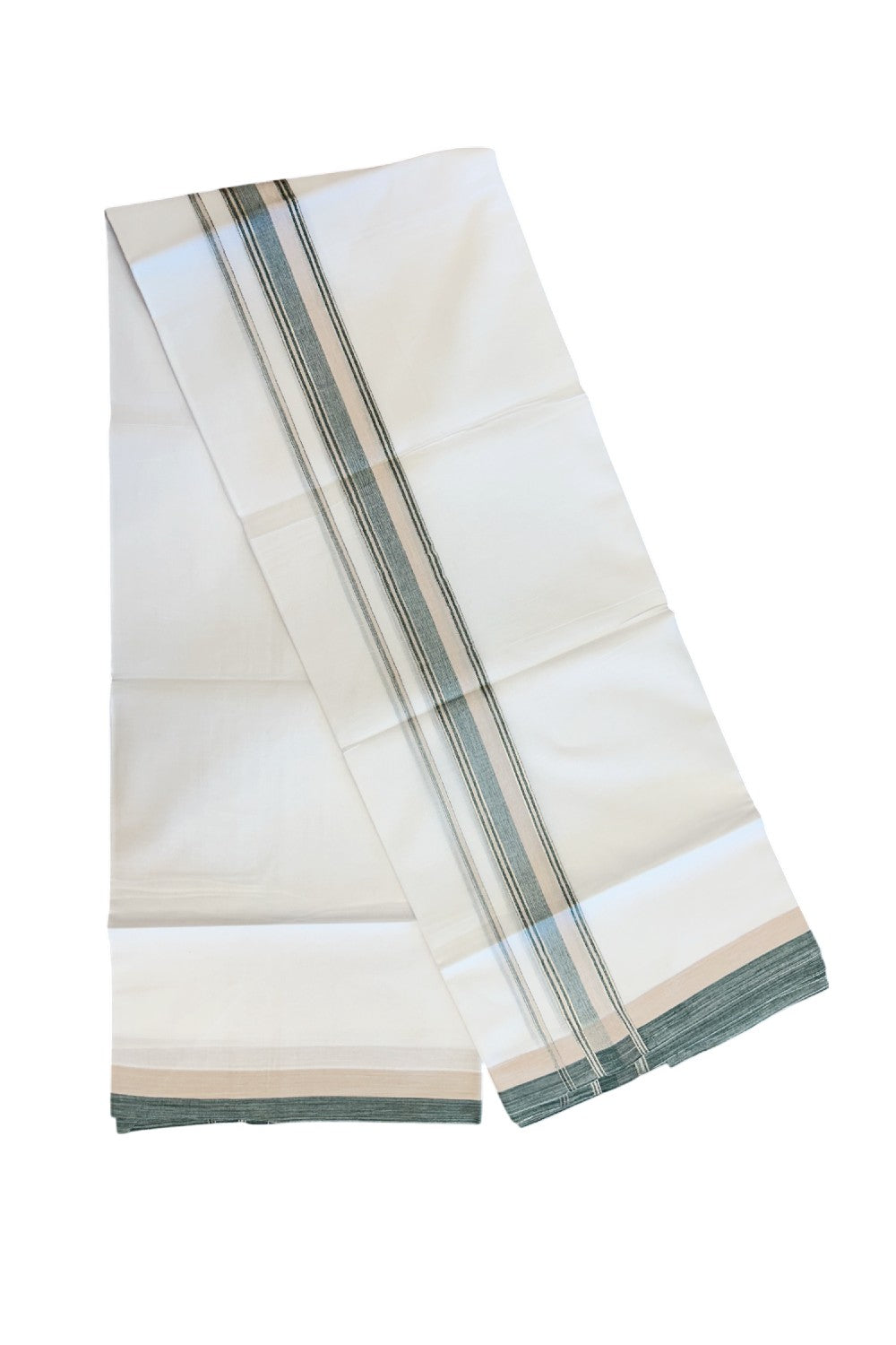 20% DISCOUNT! KaithariKada Balaramapuram 100% Cotton Double Pure white Mundu/Dhoti- 100x80 - 1.5 inch Silver Kasavu Green & Cream Shaded Striped Kara - 3.84mtr ( 8 muzham) - 36KK5227 PMC