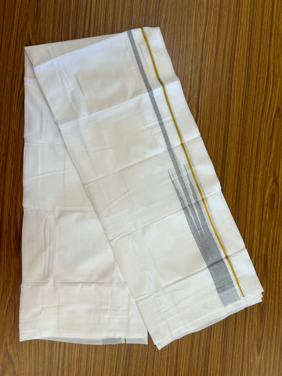 24% Discount! KaithariKada Balaramapuram 100% Cotton Pure white Double Mundu/Dhoti - (100x80)s - 1.5 inch Puliyilakkara Dark Green Stripes Chutty Gold Kasav - 36 KK5258 THI