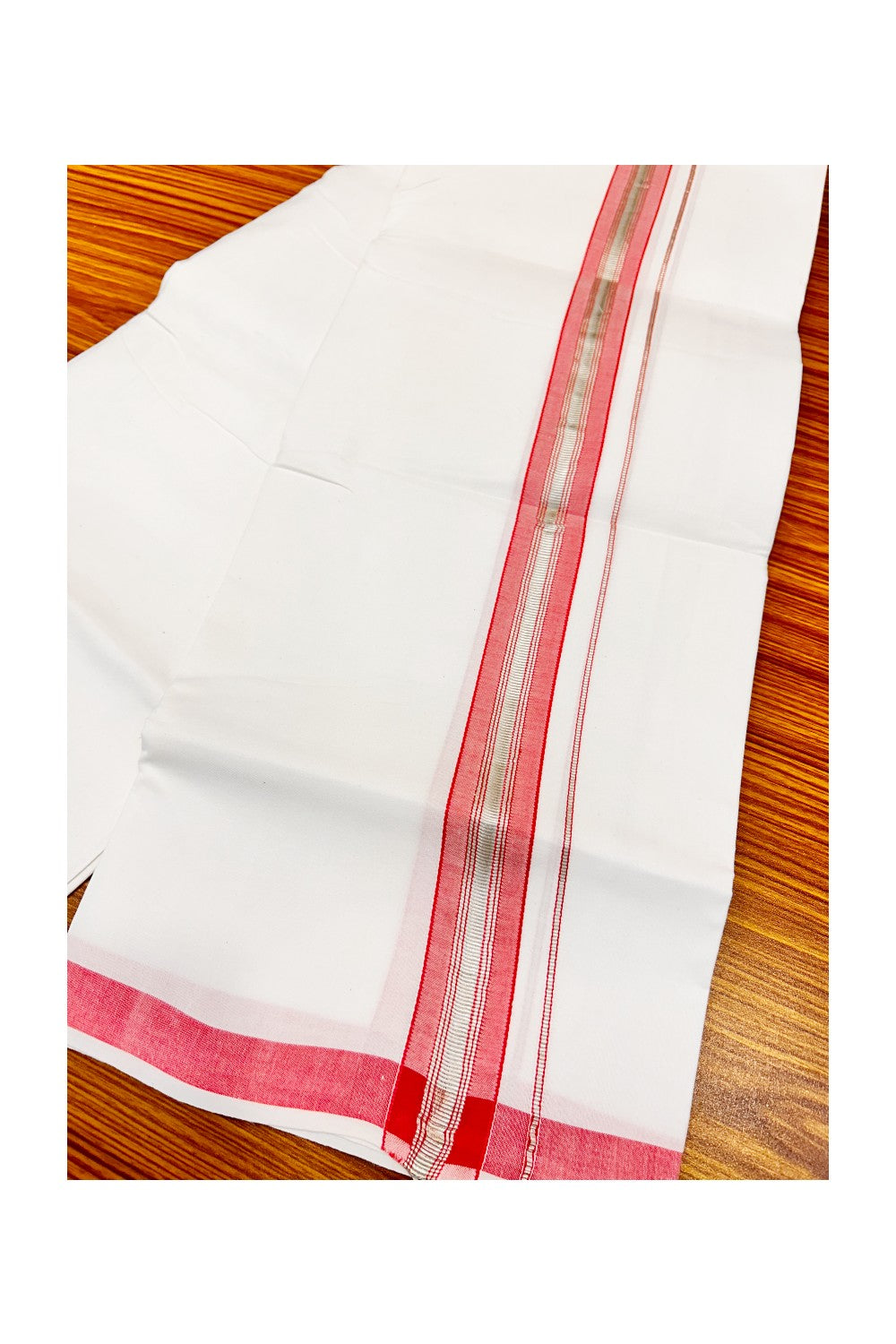 30% OFFER! KaithariKada 100% Cotton Balaramapuram HANDLOOM Single PURE WHITE Mundu/Dhoti - 2 inch (2 meter / 4 muzham) Pinkish Red Silver Kasavu Kara & Stripes Design - 36KAI.
